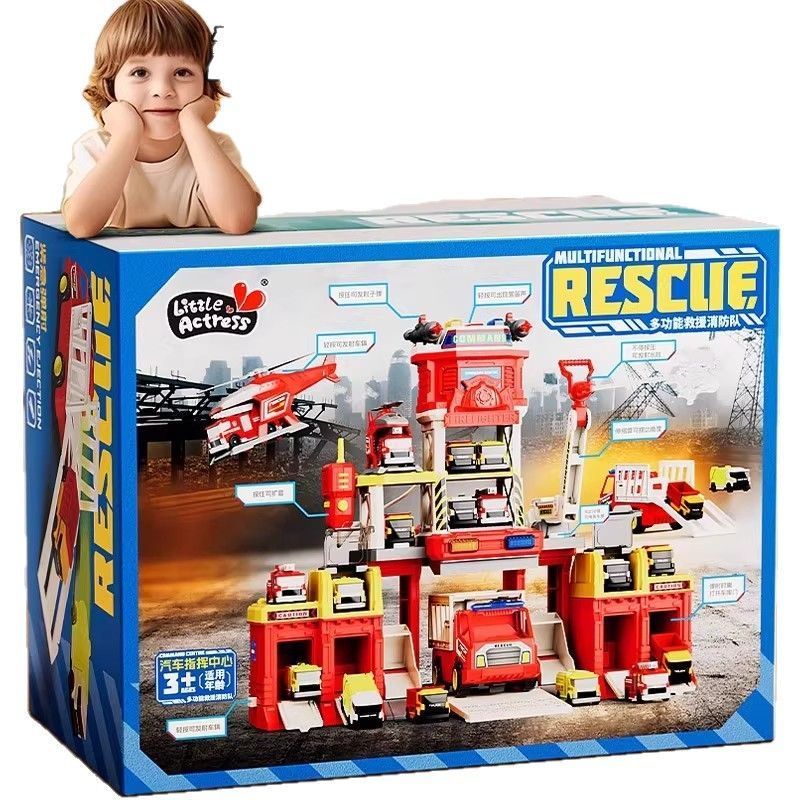 Multi-Function Fire Station Playset with Launch Mode, Rescue Vehicles & Helicopter - Interactive Toy for Kids Ages 3+