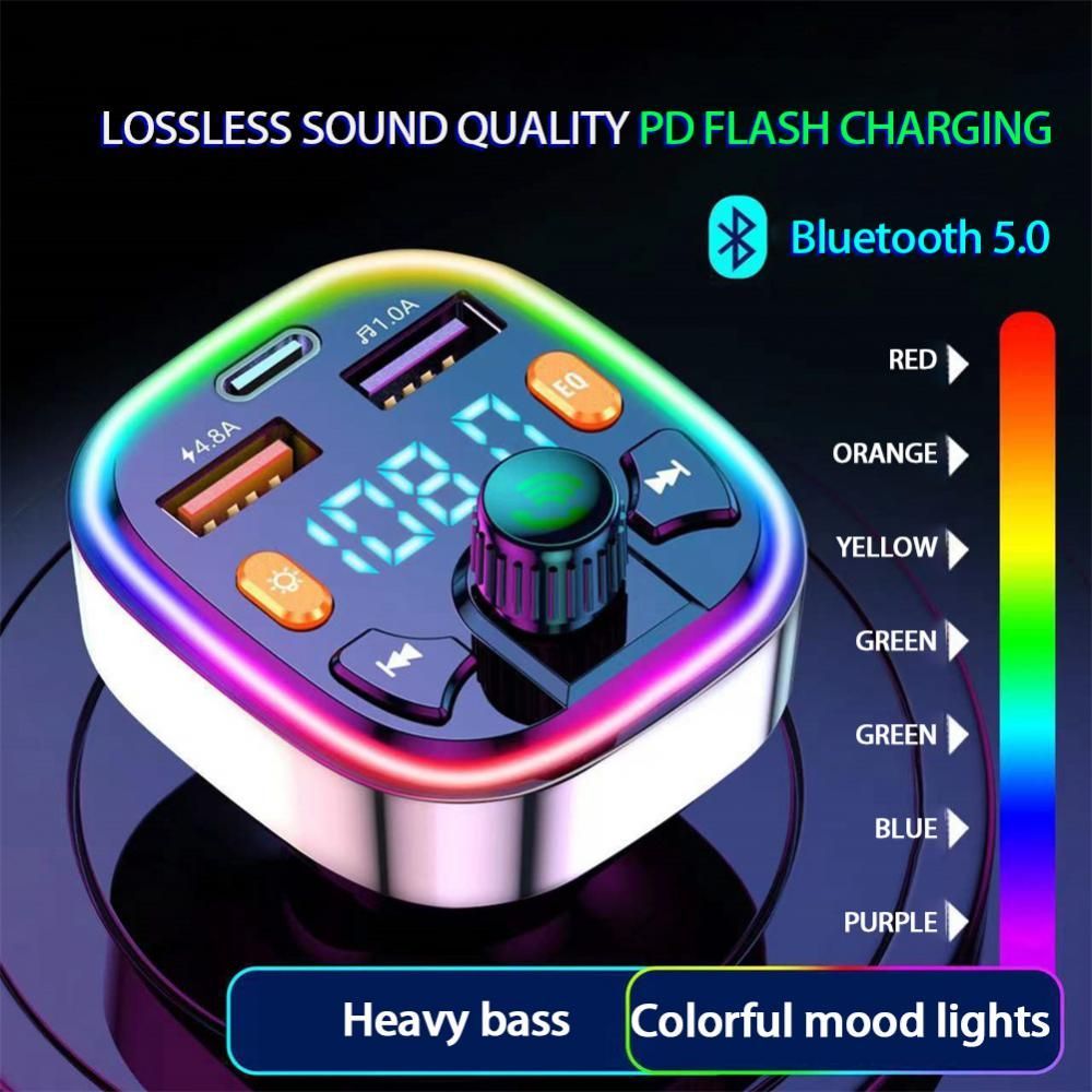 Car Bluetooth 5.0 FM Transmitter Dual USB Port Fast PD Car Charger Radio Adapter