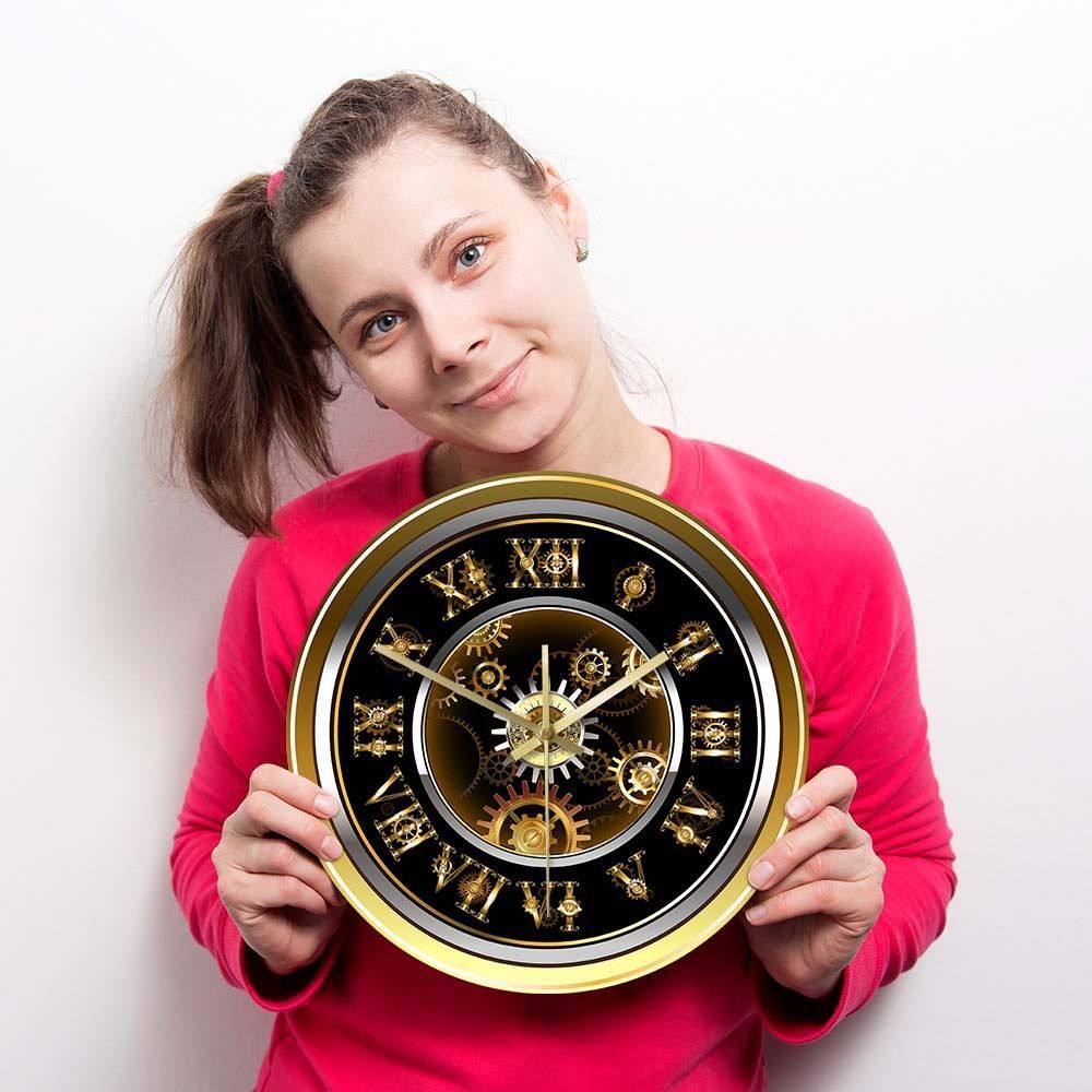 12 Inch Steampunk Gear Wall Clock, Gold Silver Roman Numeral Acrylic Decor