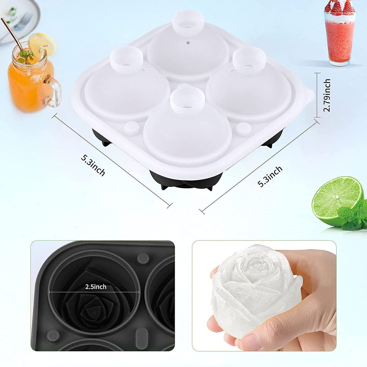 4 Cavity Ice Cube Trays 3D Silicone Rose Ice Tray Mold With Removable Funnel-Shaped Lid