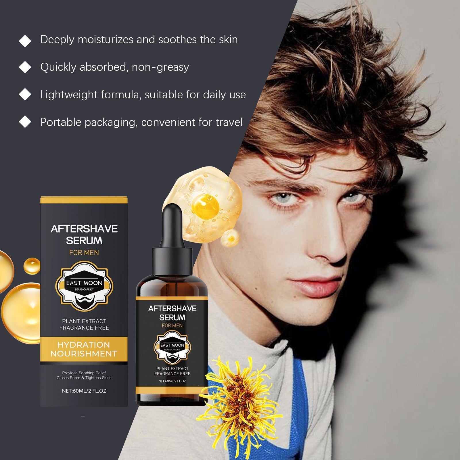 Beard Care Aftershave Essence, Soothes Shaving Discomfort, Moisturizes, Refreshes ,60ml