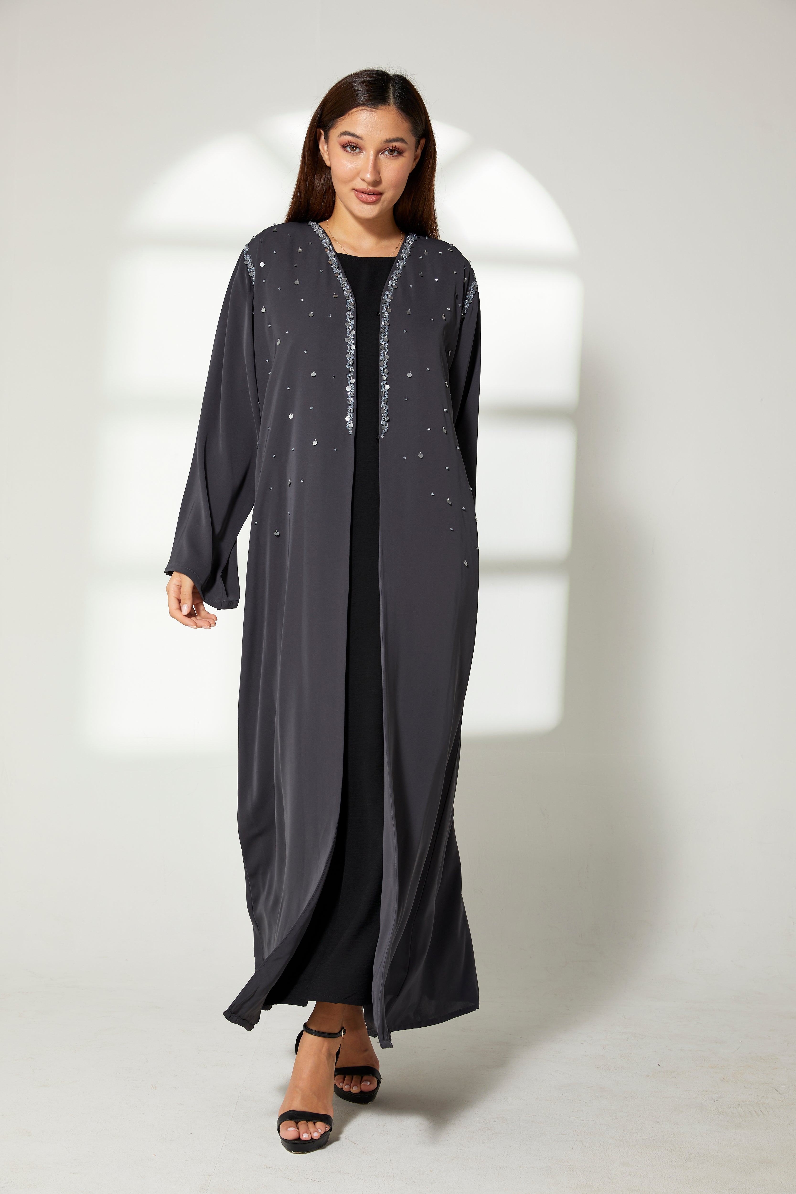 MOiSTREET Grey Korean Nida Embroidery Abaya