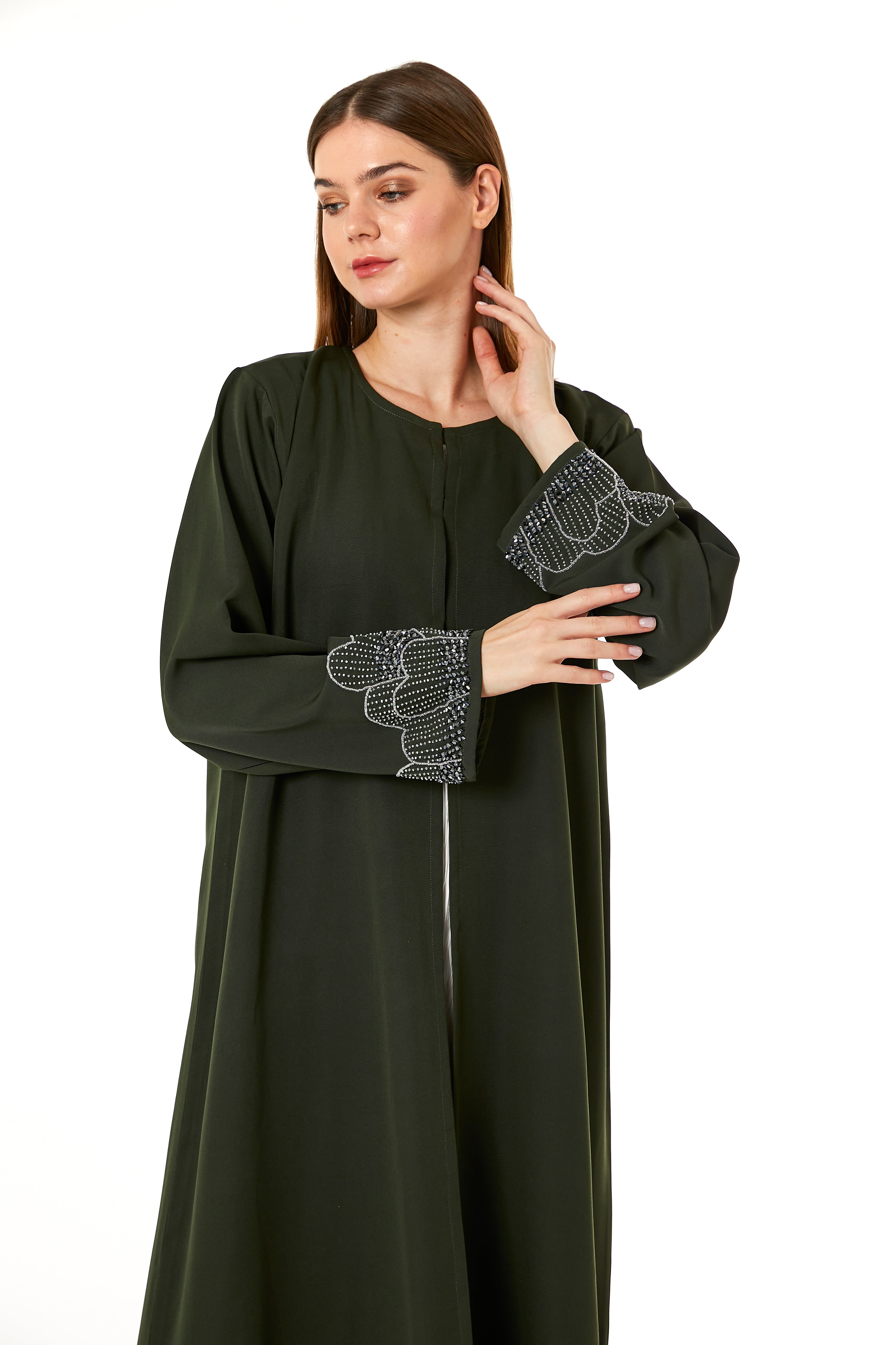 MOiSTREET Dark Green Korean Nida Hand Embellished Abaya