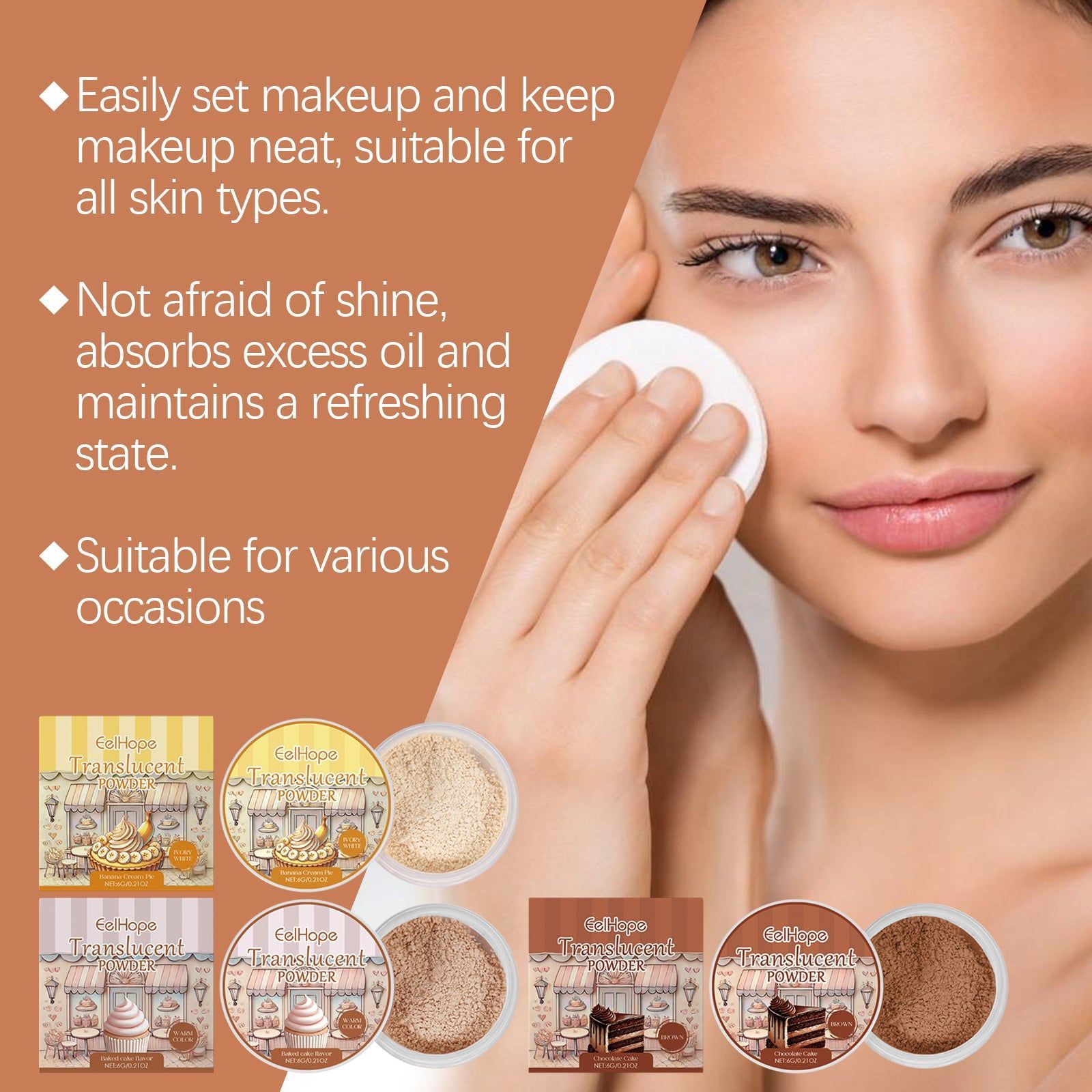 Brown Translucent Face Setting Powder, Oil Control, Long-Lasting Makeup ,6g