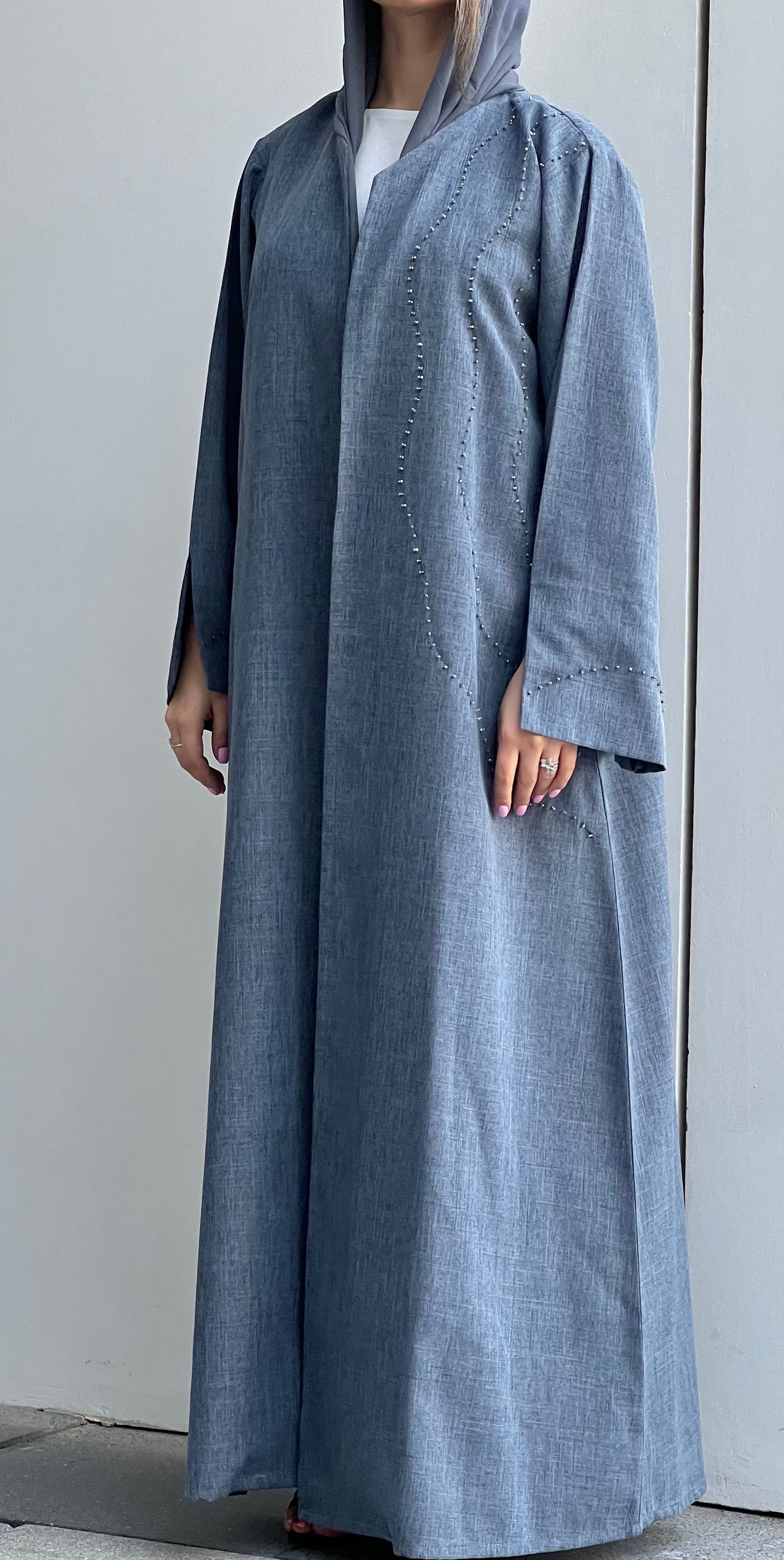 MOiSTREET Light Slate Grey Mélange Embroidery Abaya