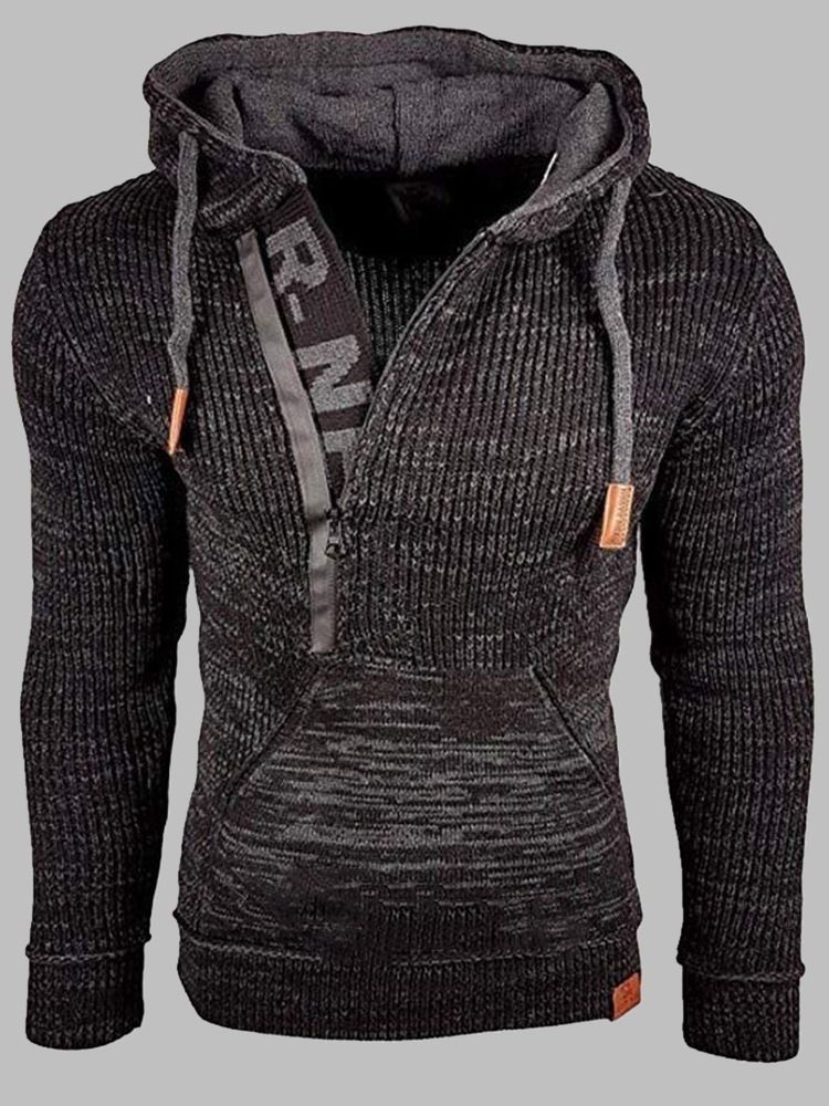 Men Zipper Hooded Sweater Winter Casual Knitted Sweatshirt Long Sleeve Letter Pullover