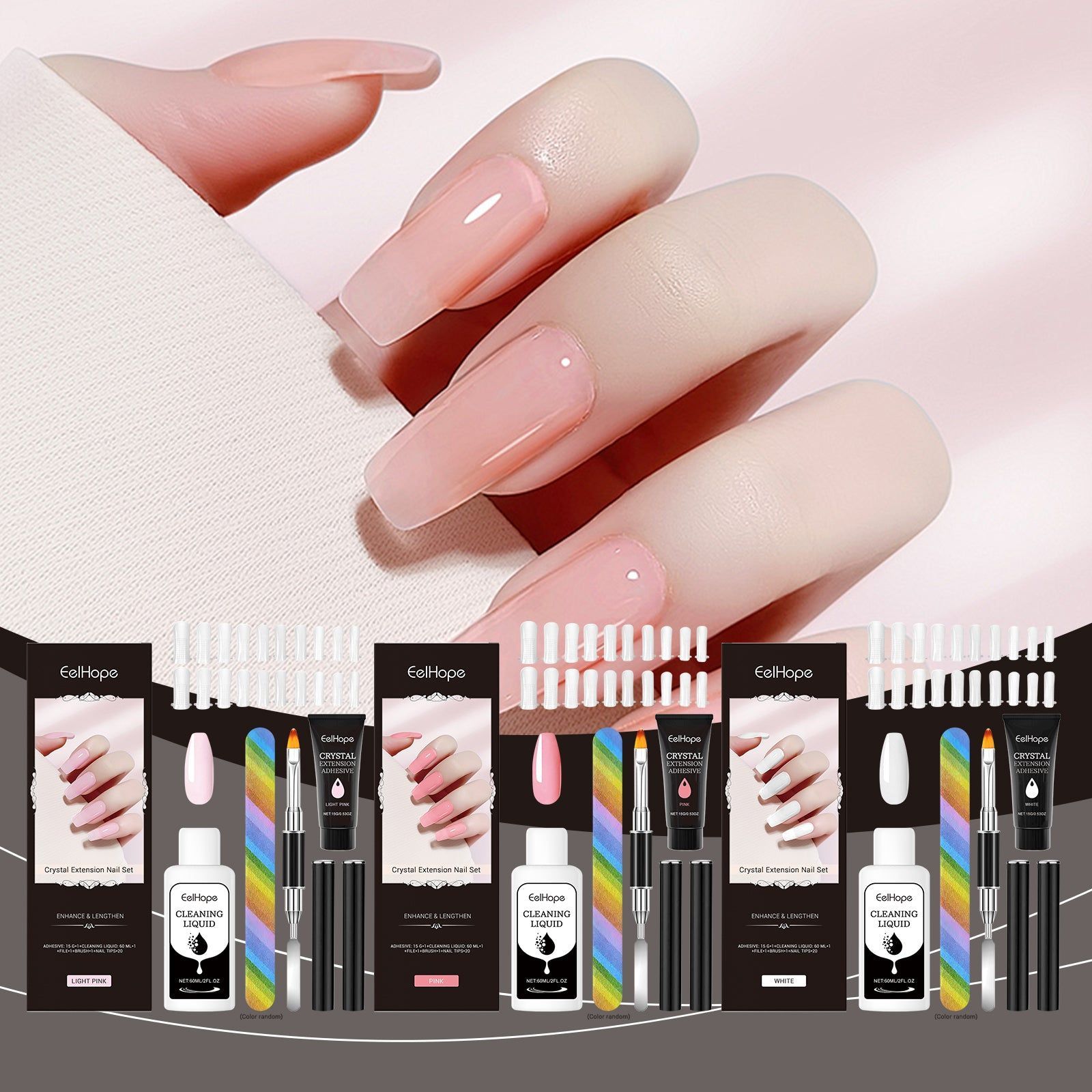 Crystal Nail Extension Set, Light Pink, White, Professional Nail Tools, Easy & Natural ,1set