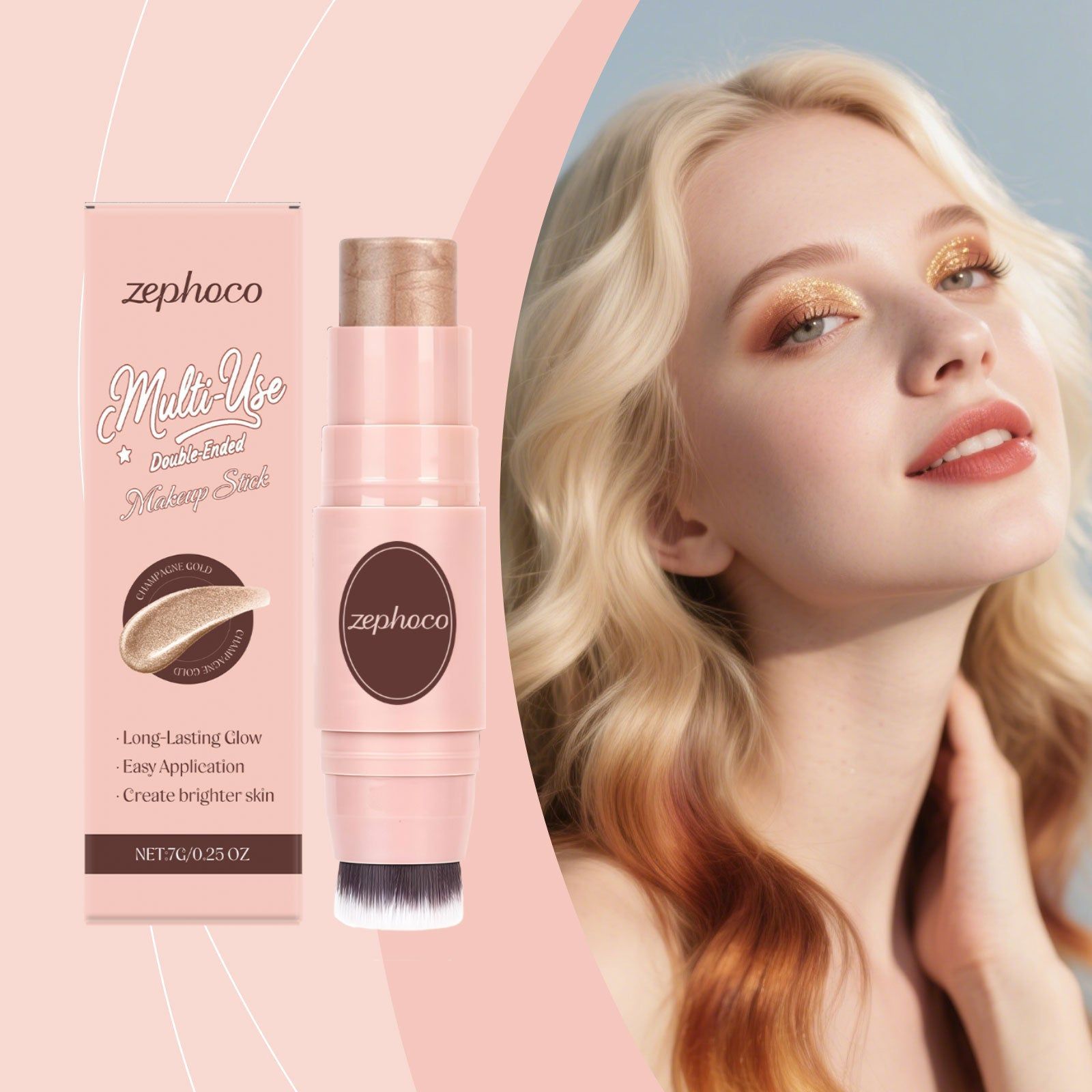 Champagne Gold Double-Headed Makeup Stick, Blush, Contour, Long-Lasting, Beginner Friendly ,7g
