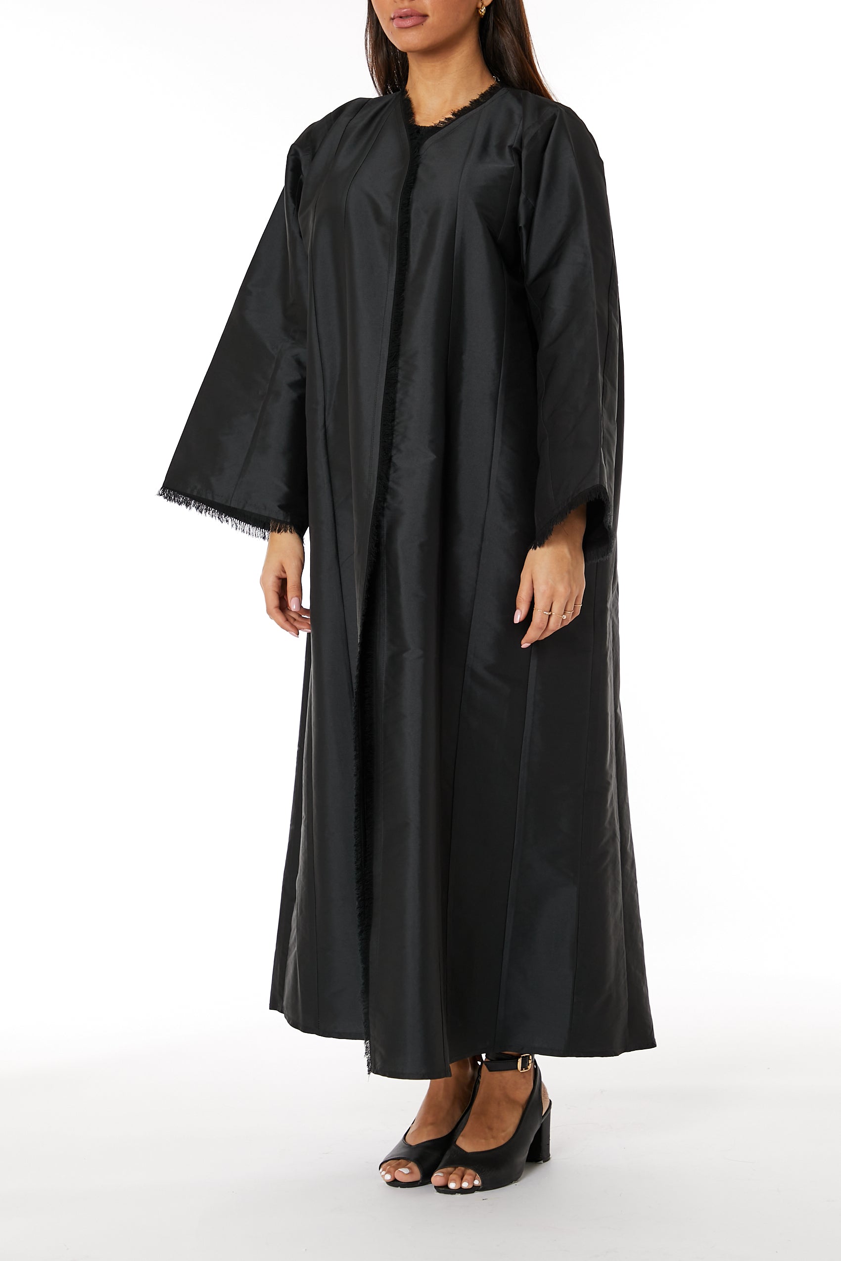 MOiSTREET Black Taffeta Open Abaya with Lace