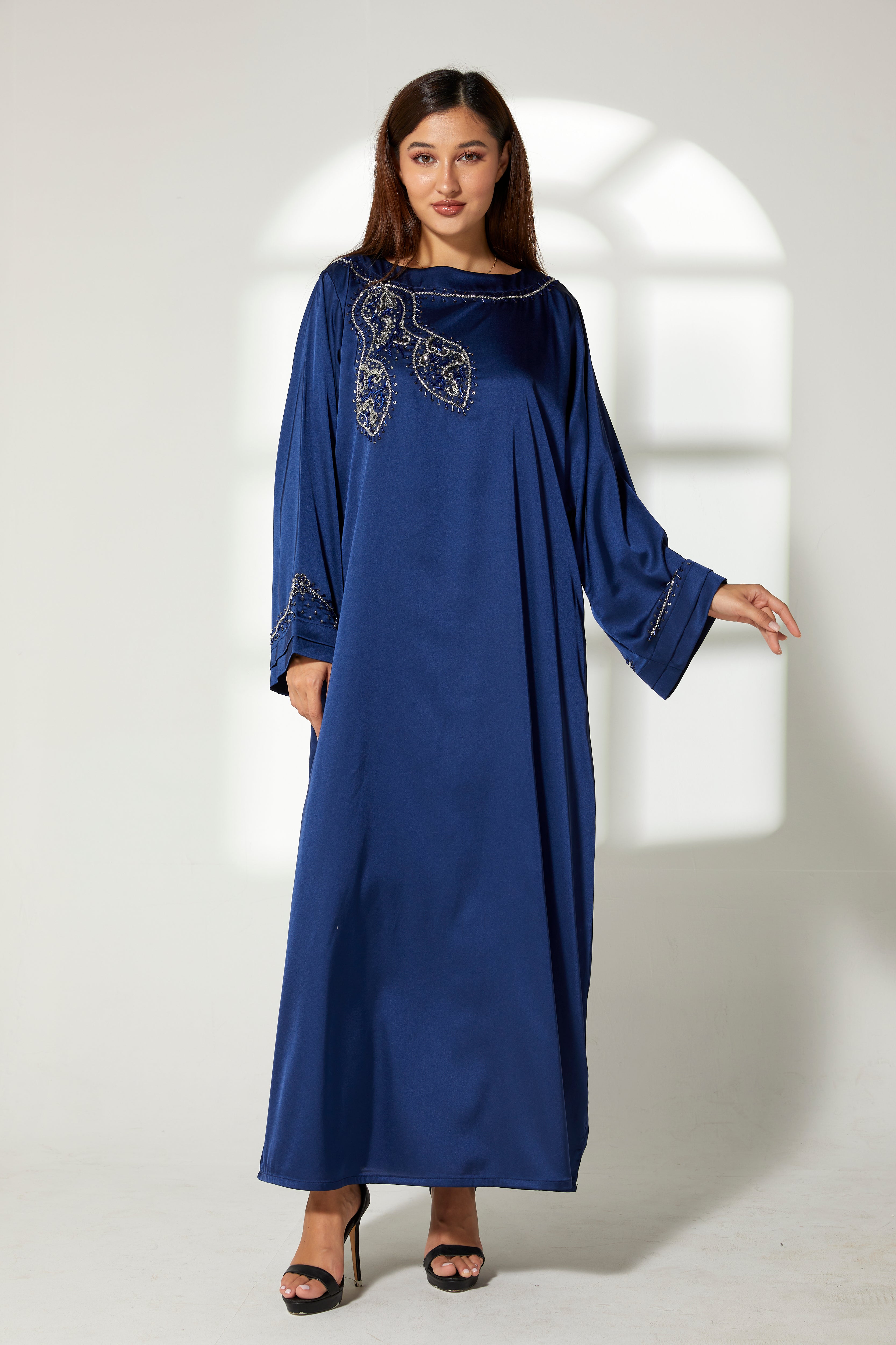 MOiSTREET Navy Silk Hand Embroidered  Kaftan