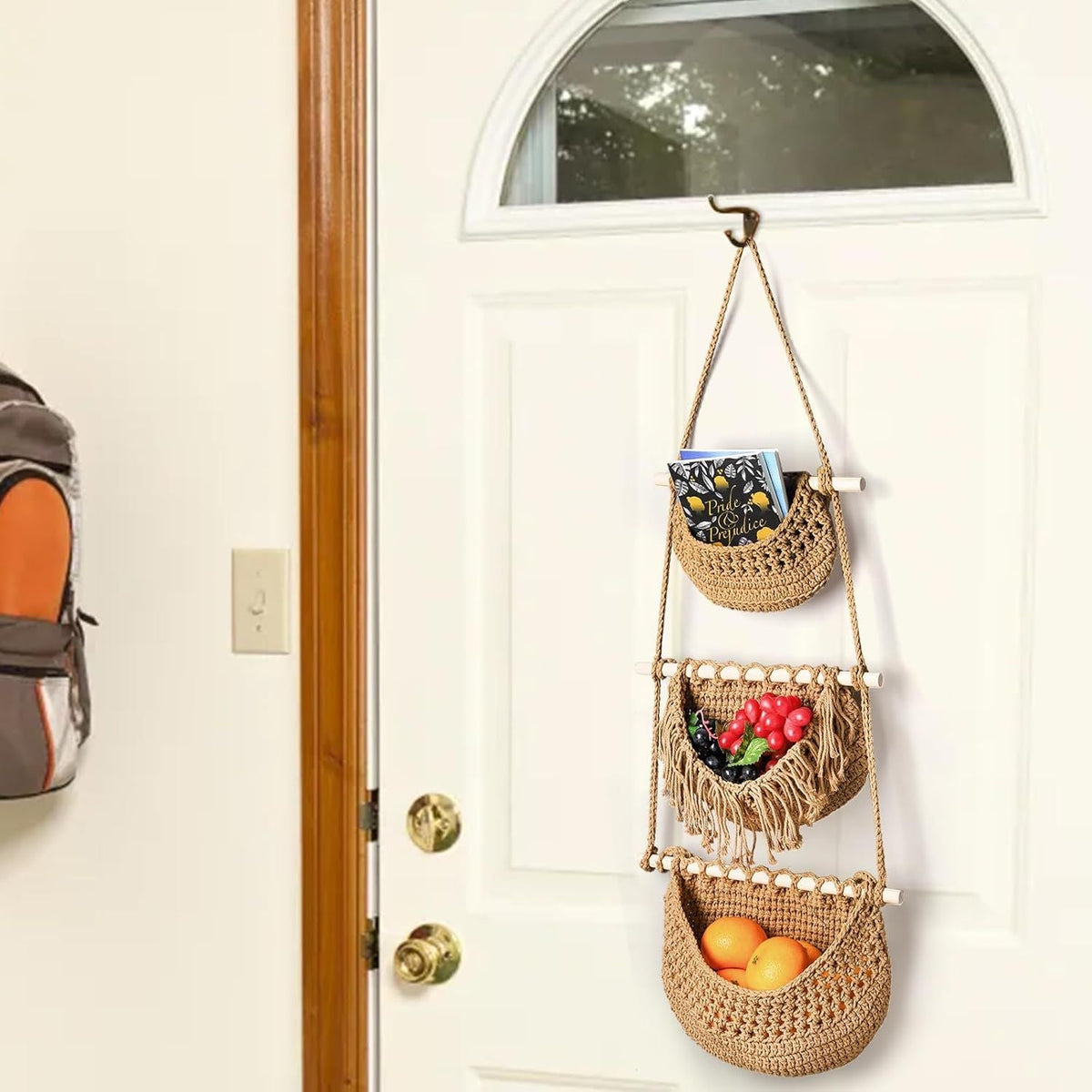 3 Tier Hanging Fruit Basket Woven Cotton Wall Mounted Storage Baskets for Kitchen Bedroom