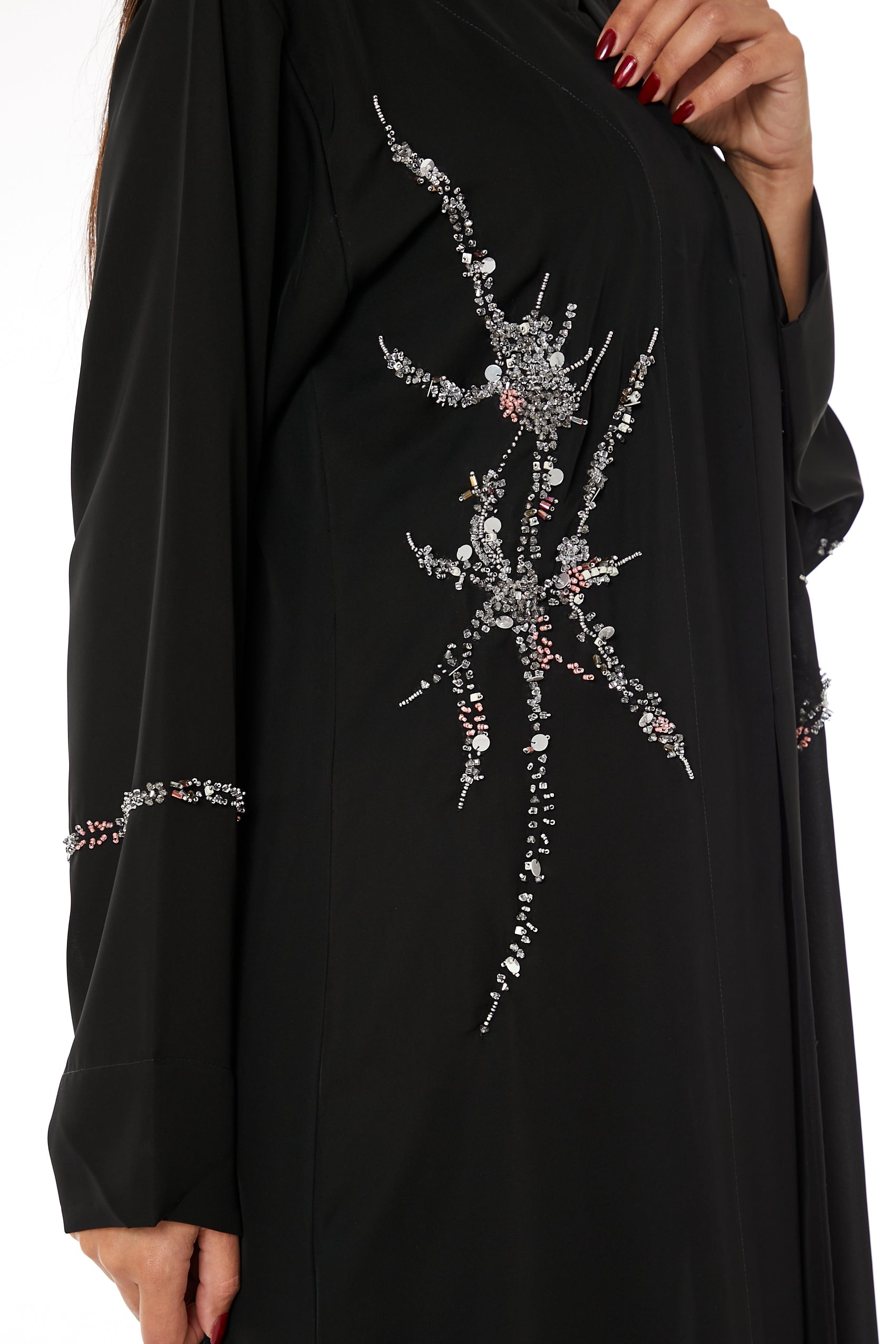 MOiSTREET Black Nida Embroidered V-Neck Open Abaya