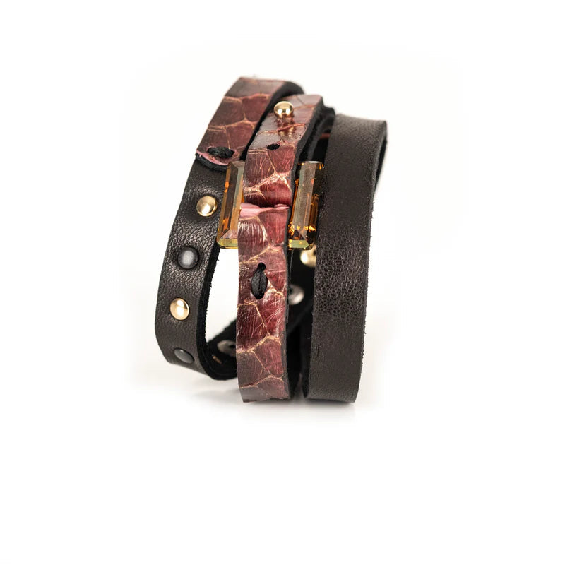 The Dark Burgundy Crocodile Leather Bracelet with Rectangular Crystal