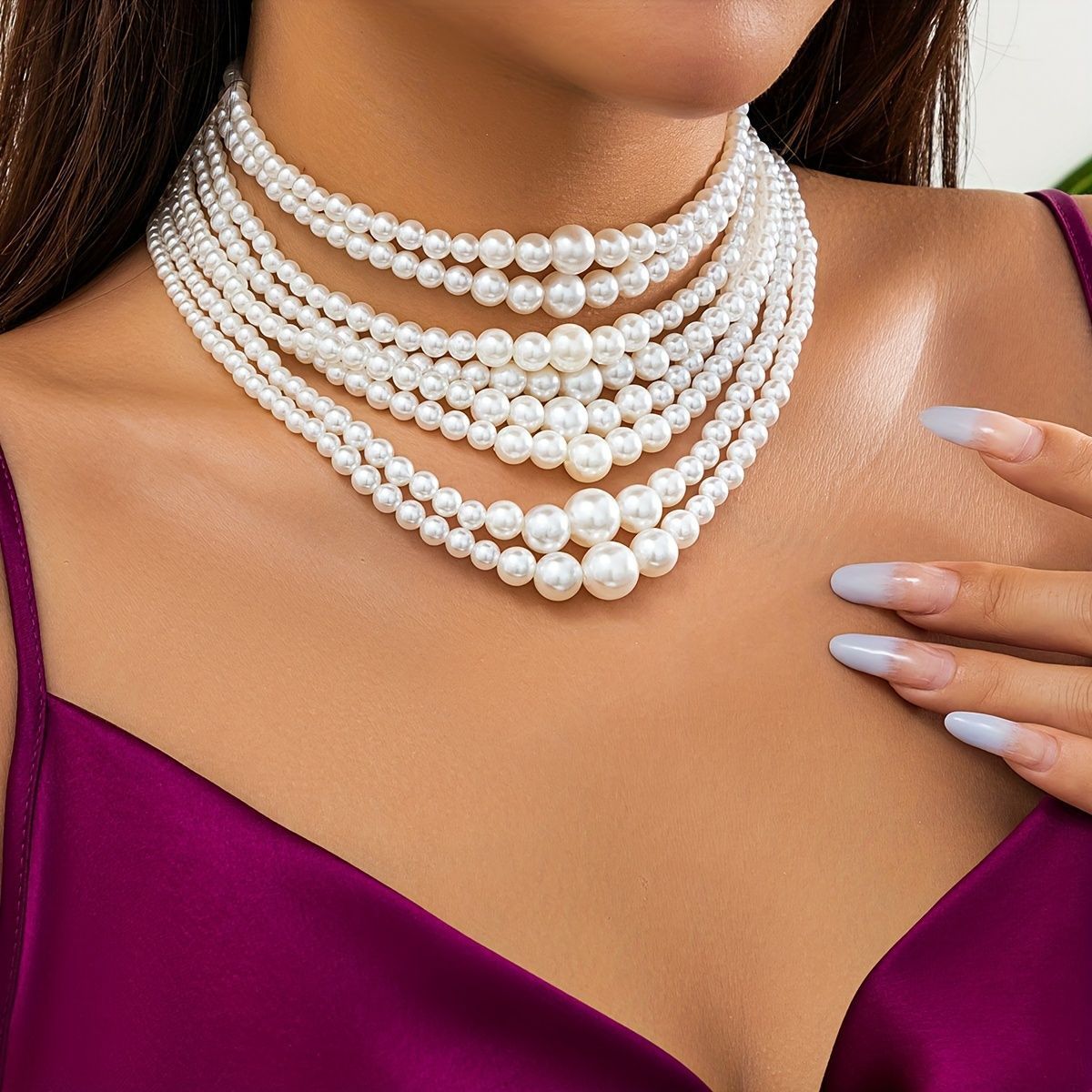 Elegant Multi Strand Imitation Pearl Necklace Bohemian White Beaded Statement Necklace Women Jewelry