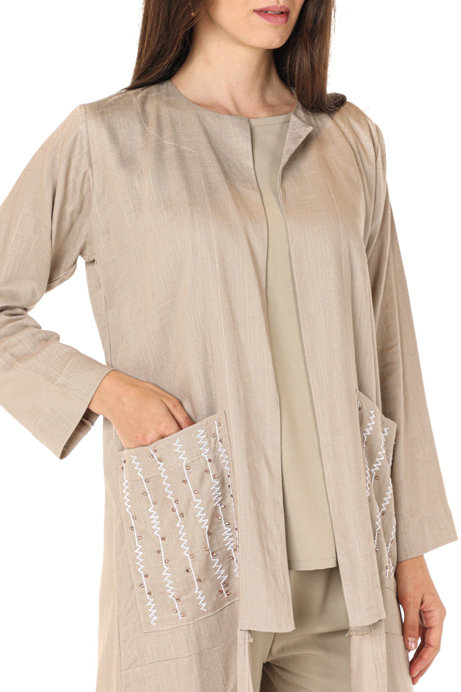 MOiSTREET Beige Embroidered Jacket and Pants with Crepe Top