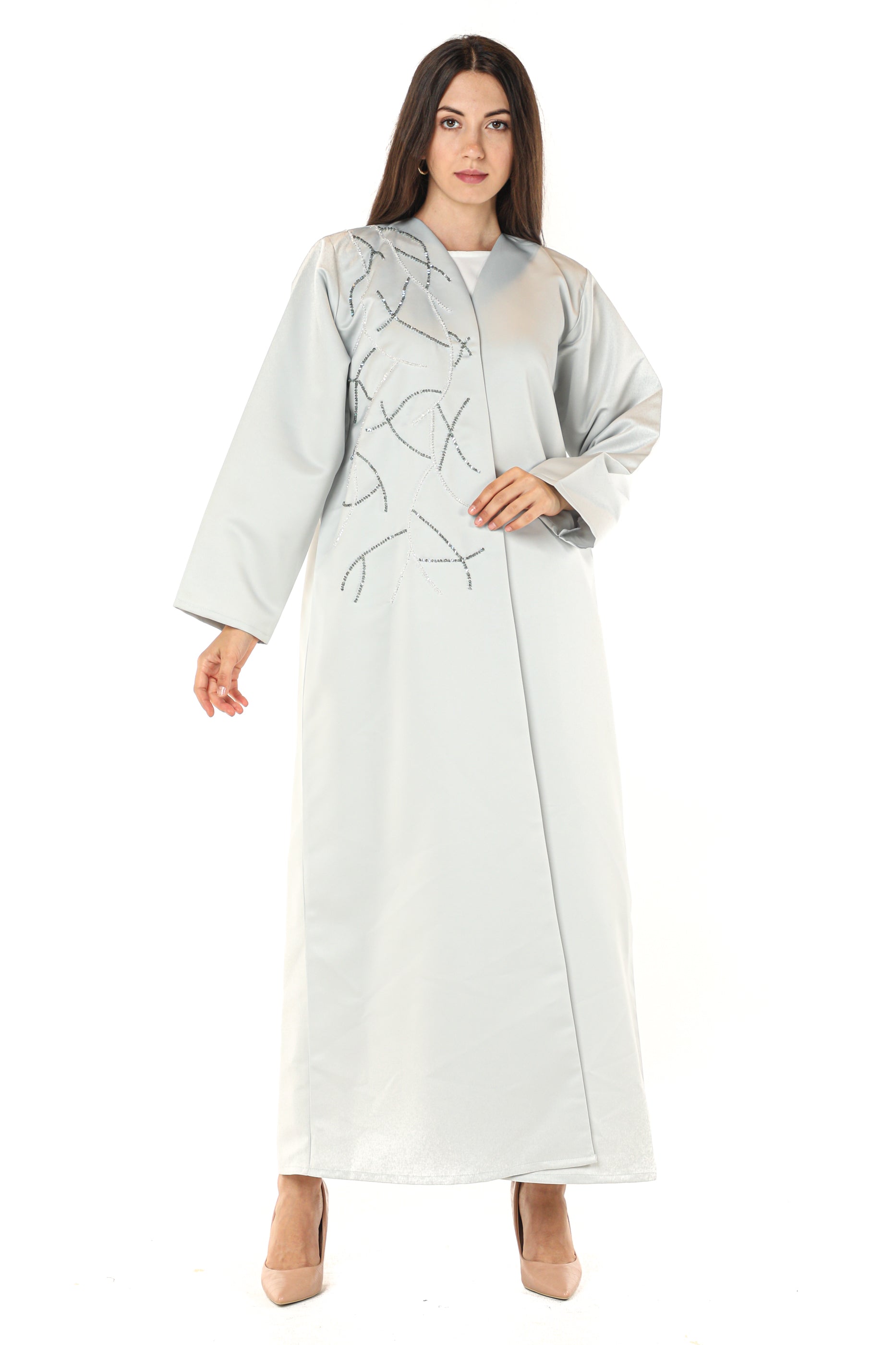 MOiSTREET Bridal Satin Grey Embroidery Abaya