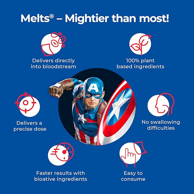 Wellbeing Nutrition Marvel Captain America Melts| فيتامينات متعددة للأطفال بنكهة التوت الاستوائي (30 شريطًا فمويًا)