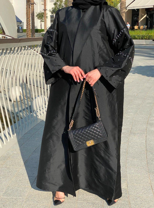 MOiSTREET Black Taffeta Abaya with Handwork