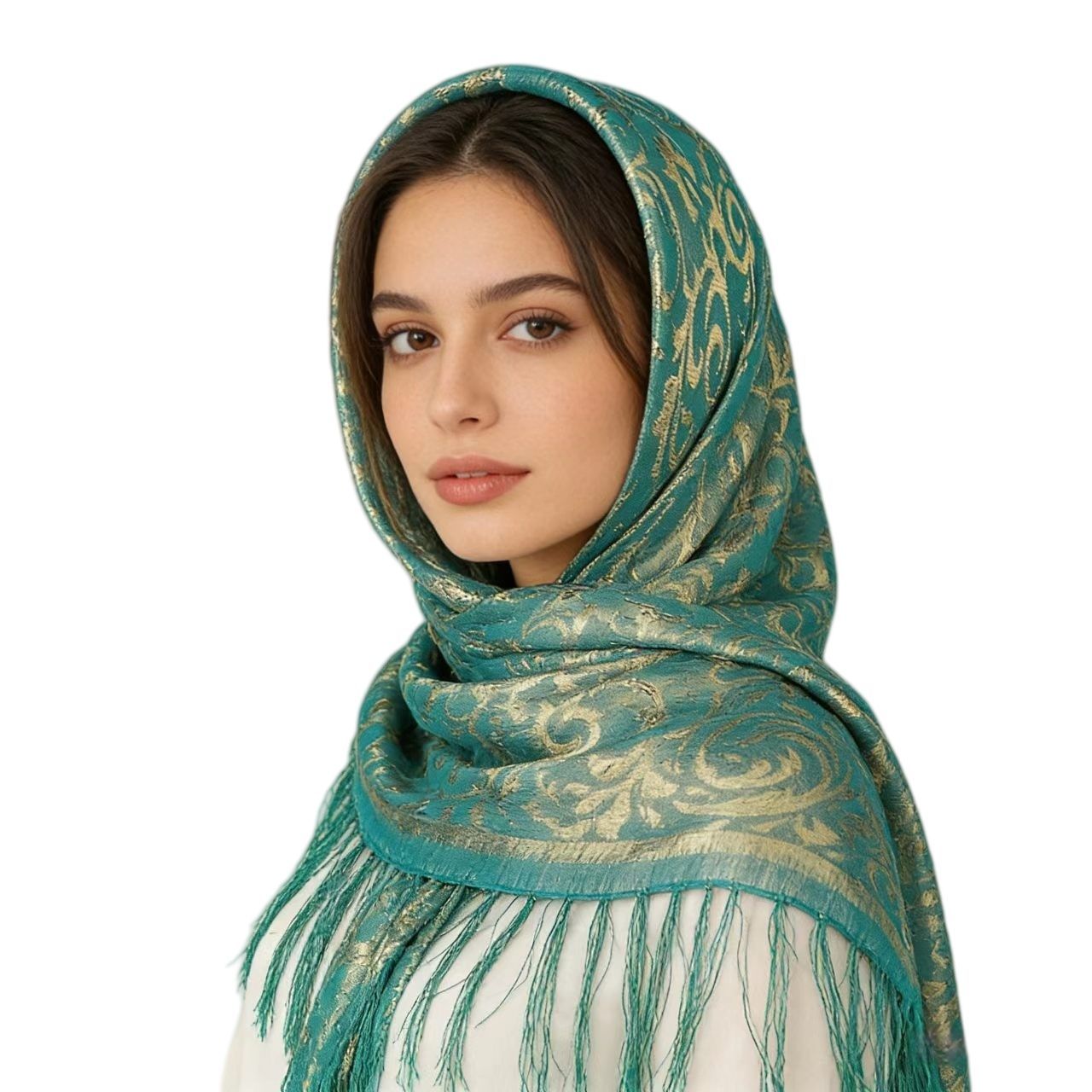 Green Silk Jacquard Tassel Square Hijab Scarf 85x85cm