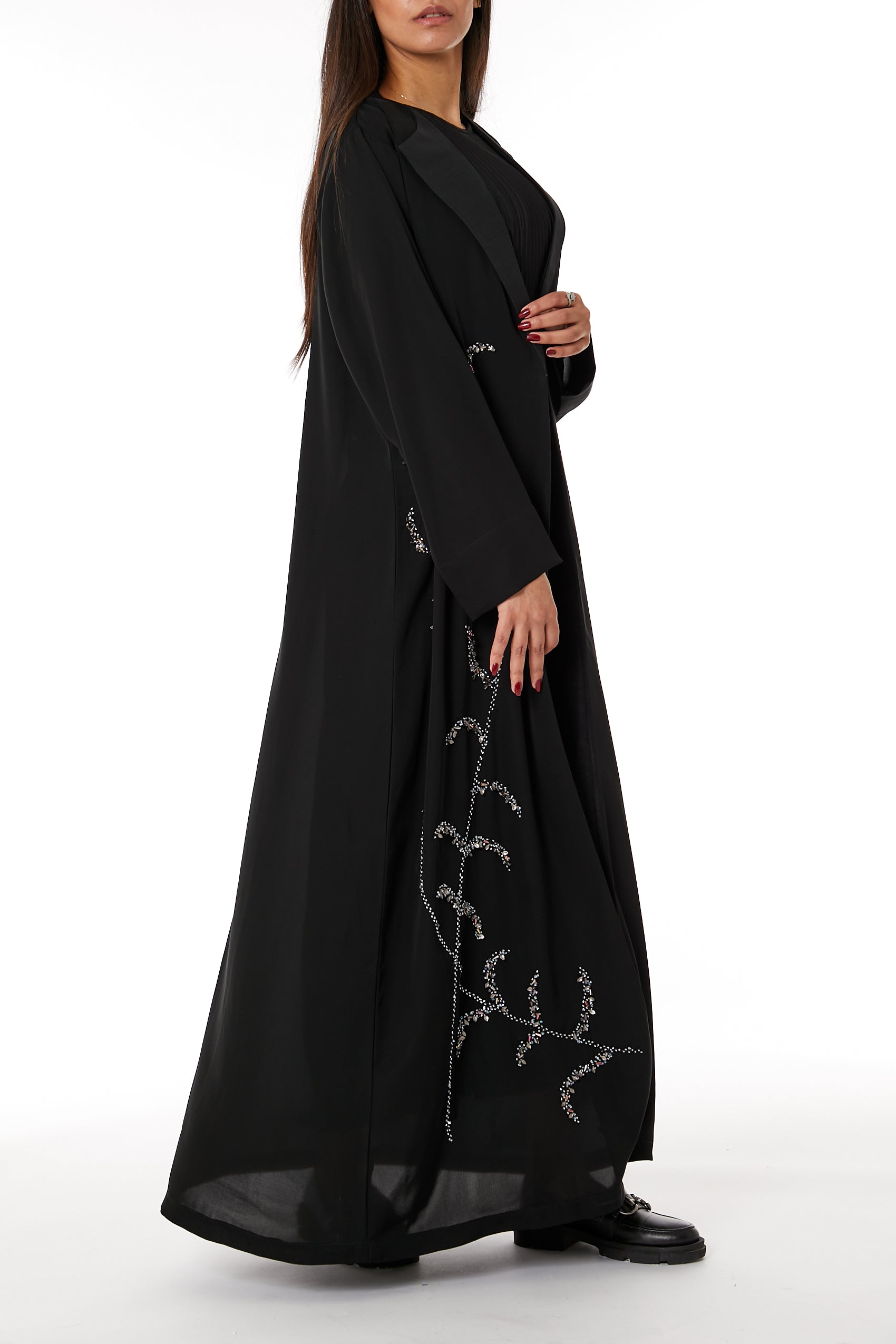 MOiSTREET Black Nida Embroidered Abaya with lapel collar