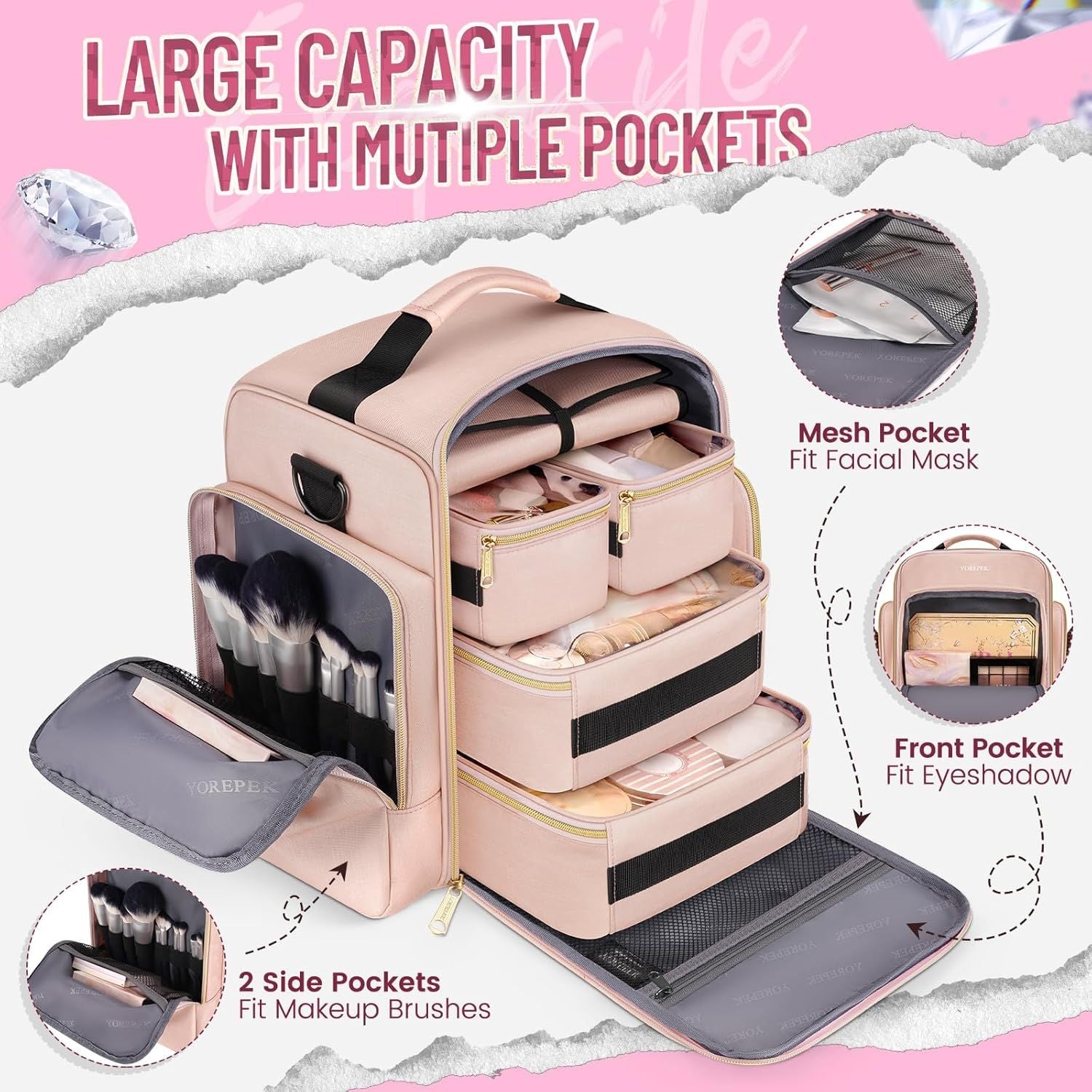 Large Travel Makeup Bag Storage Bags Multiple Pockets Cosmetic Bag for Toiletries Skincare