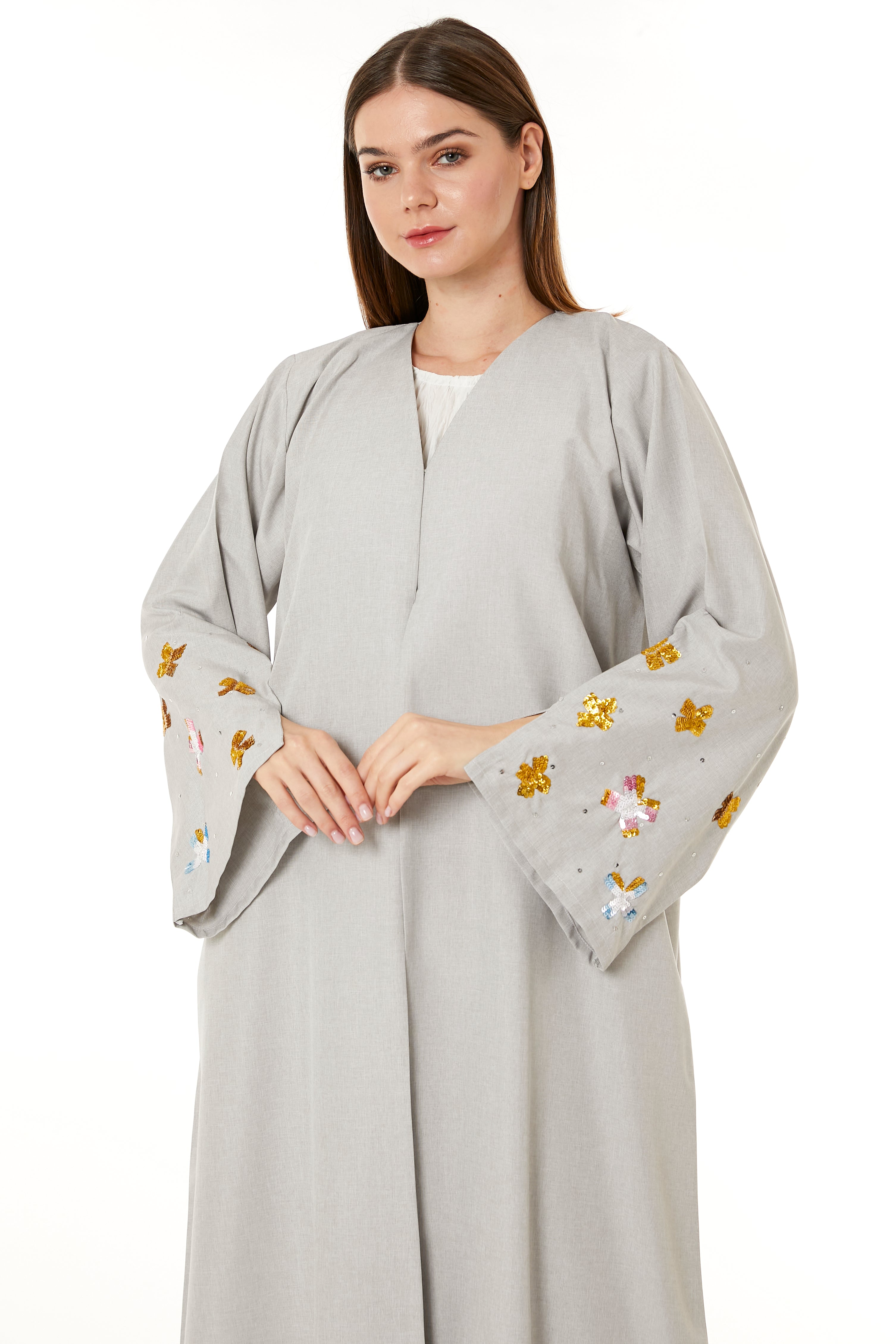 MOiSTREET Beige Melange Embroidered Abaya