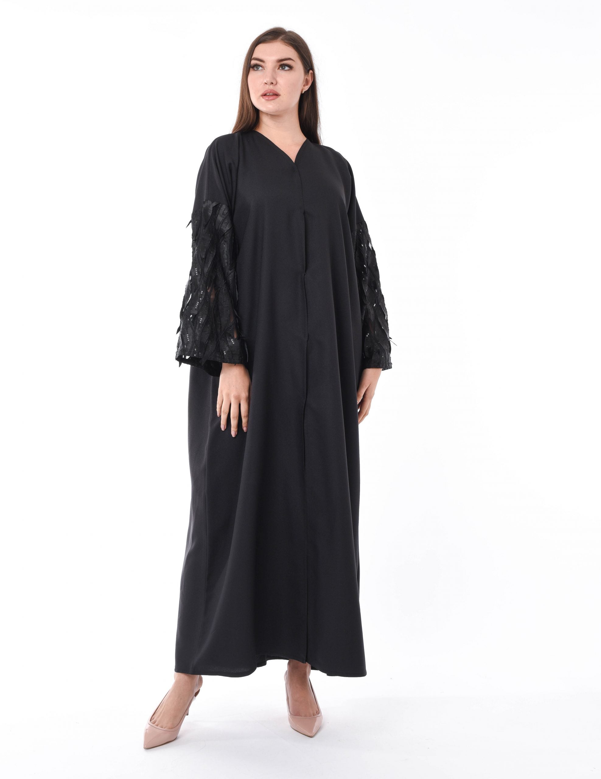 MOiSTREET Black Designer Abaya with Hanging Leaves Sleeves