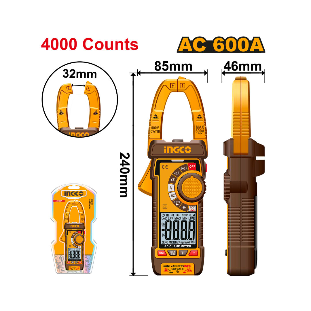 INGCO Digital AC Clamp Meter, 2000/4000 Count True RMS, AC/DC Voltage & Current Tester with NCV and Auto Power Off