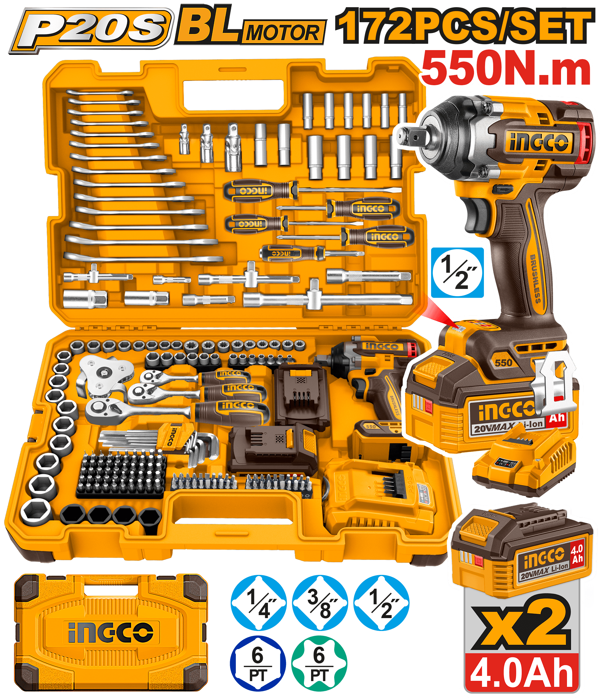 INGCO 172-Pieces Cordless Impact Wrench Tool Set Complete Kit