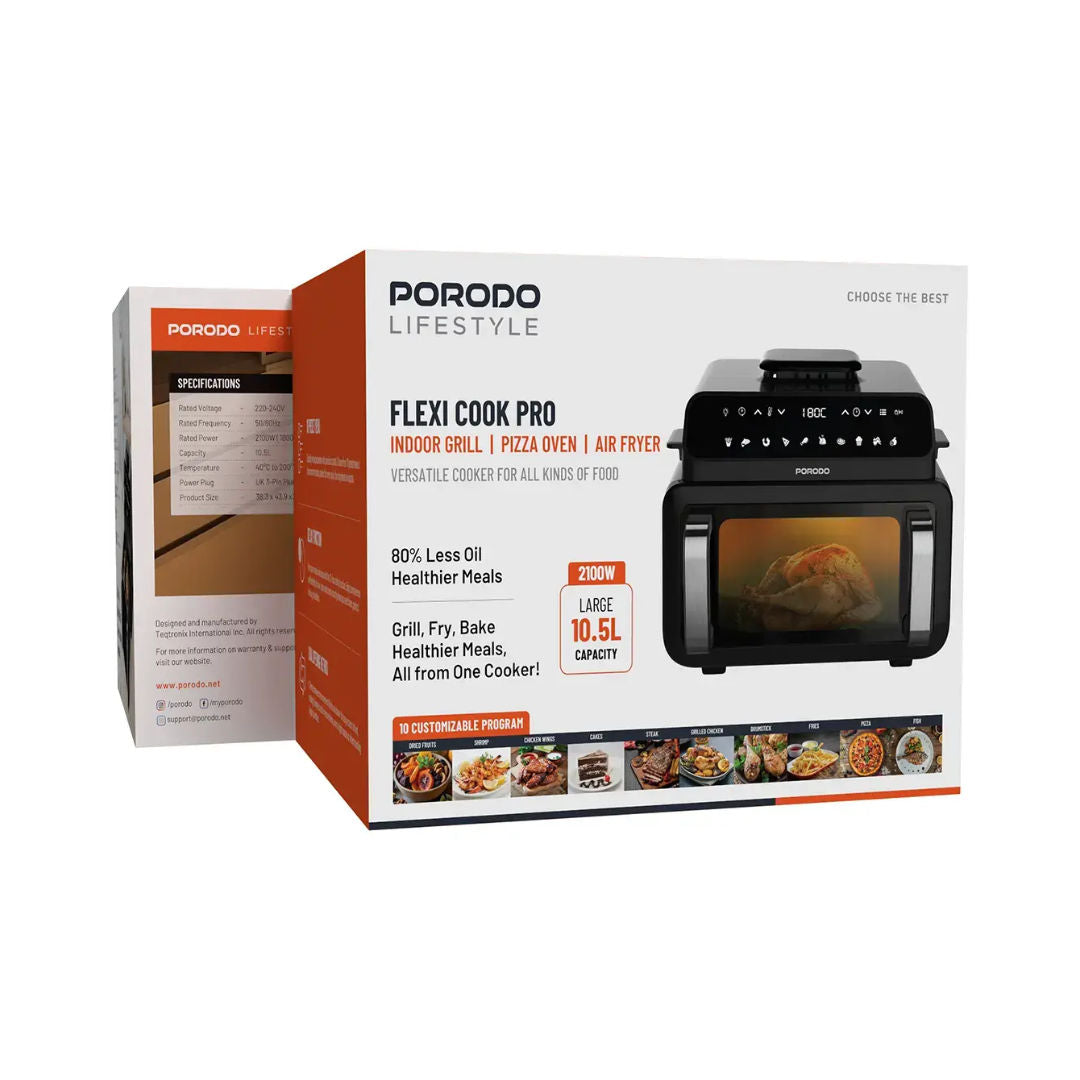 Porodo Lifestyle Flexi Cook Pro Indoor Grill, Pizza Oven, Air Fryer, Black
