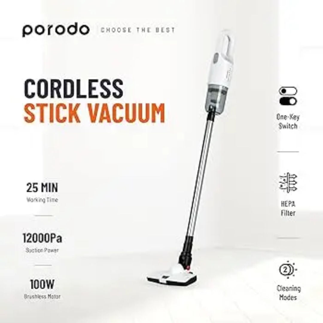 Porodo Portable Cordless Stick Vacuum Cleaner 11-12Kpa, 100W, 7500mAh, White