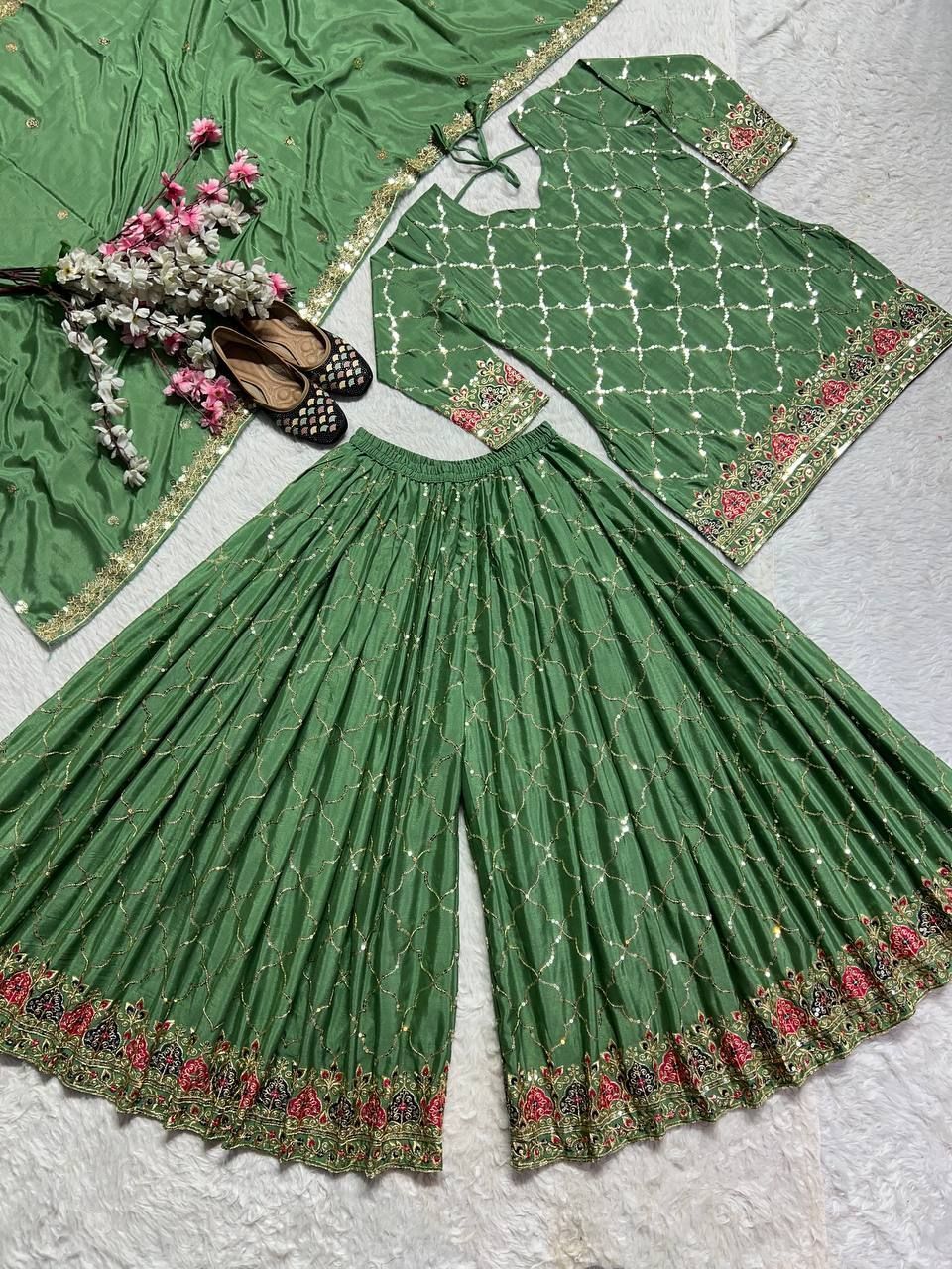 Fab Zone Women’s Designer Chinon Silk Top Sharara Set with Dupatta