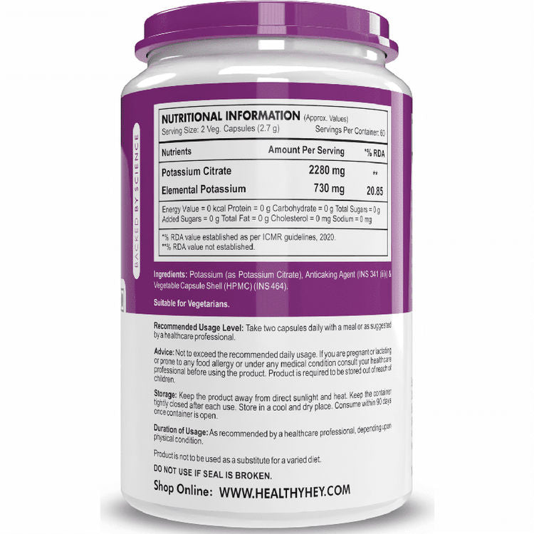 HealthyHey Potassium Citrate 730mg - 120 Vegetable Capsules
