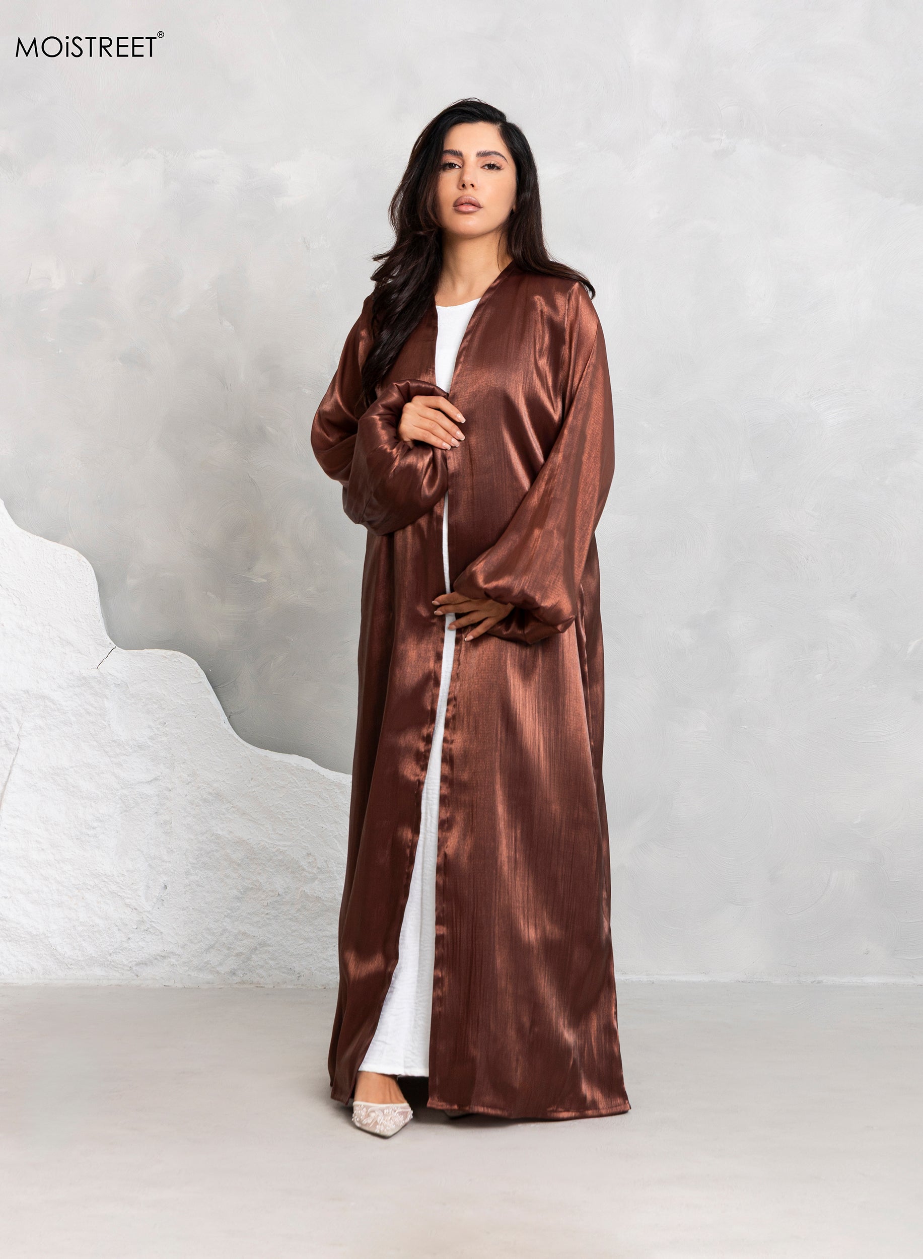 MOiSTREET Rotana Shimmer Brown Abaya Set with Under Dress & Sheila