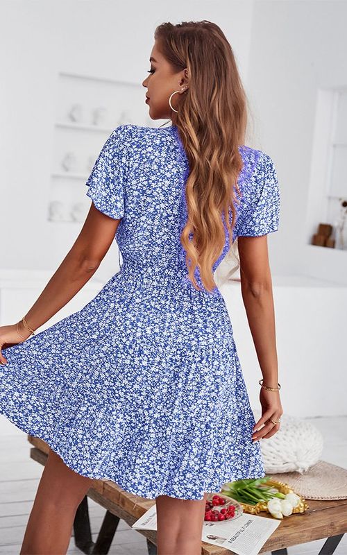 Floral V Neck Mini Dress Sexy Wrap Dress Women Flowy Short Sleeve Sundress