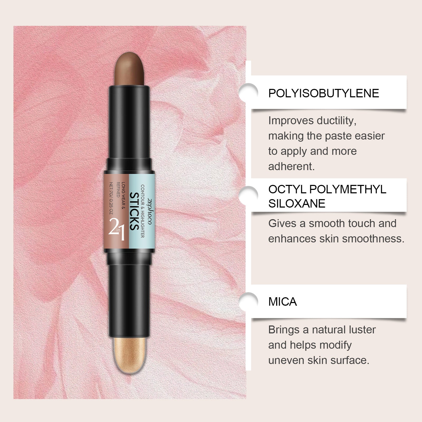 2-in-1 Contouring and Highlighting Stick, Natural & Light Coffee, Easy Makeup, Portable, Flawless 3D Face Sculpting ,7g