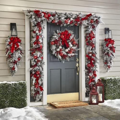 Front Door Christmas Wreath Red White Holiday Trim Exterior Outdoor Home Decoration