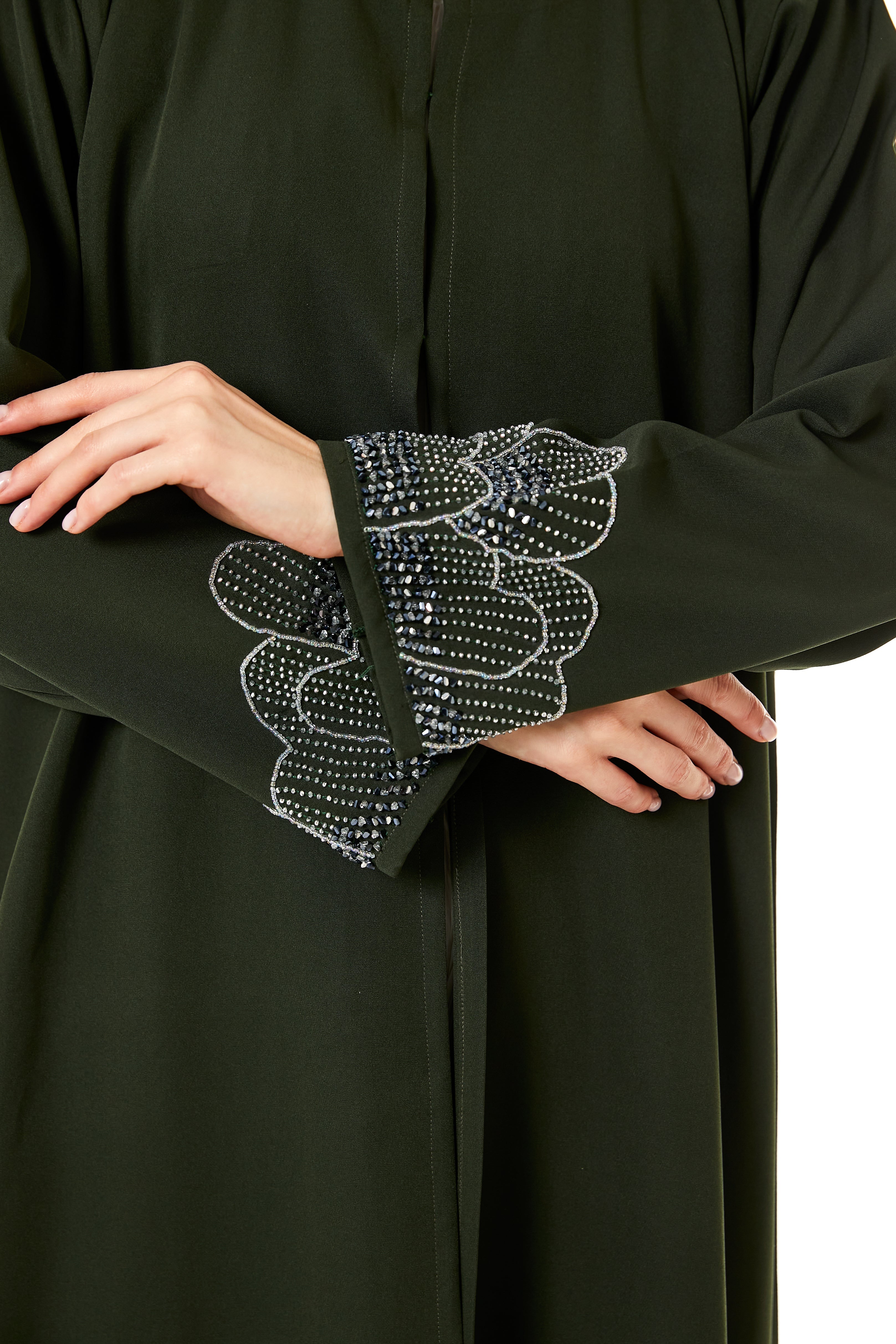 MOiSTREET Dark Green Korean Nida Hand Embellished Abaya