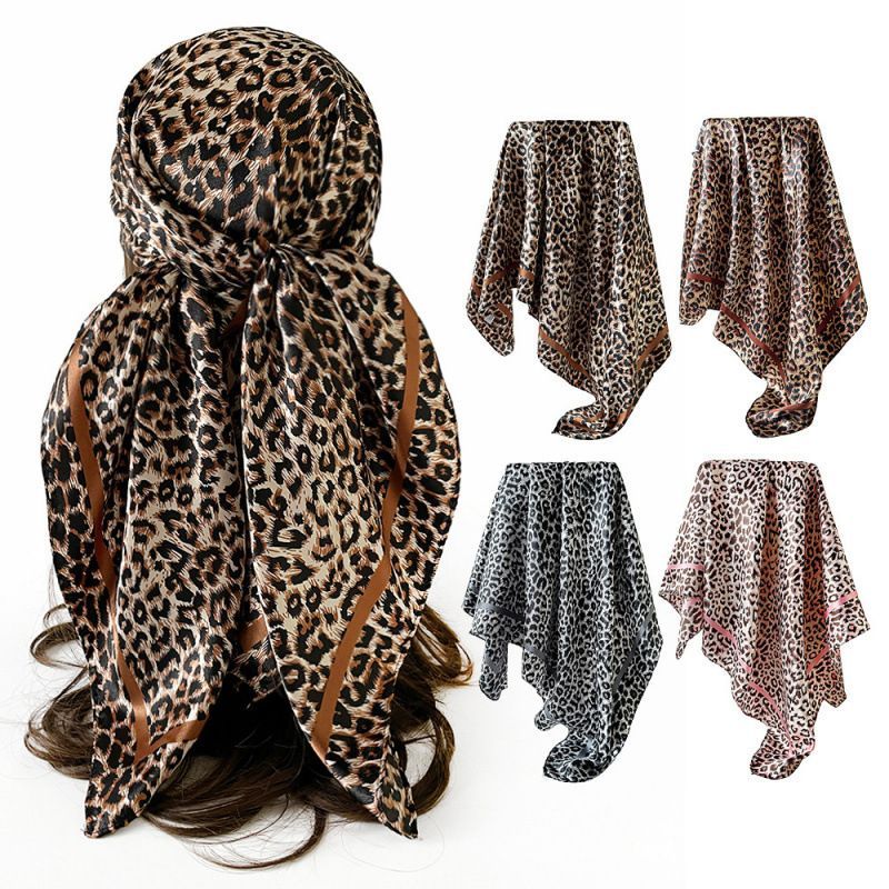 4Pcs Leopard Print Satin Square Scarf Set for Women 90x90cm
