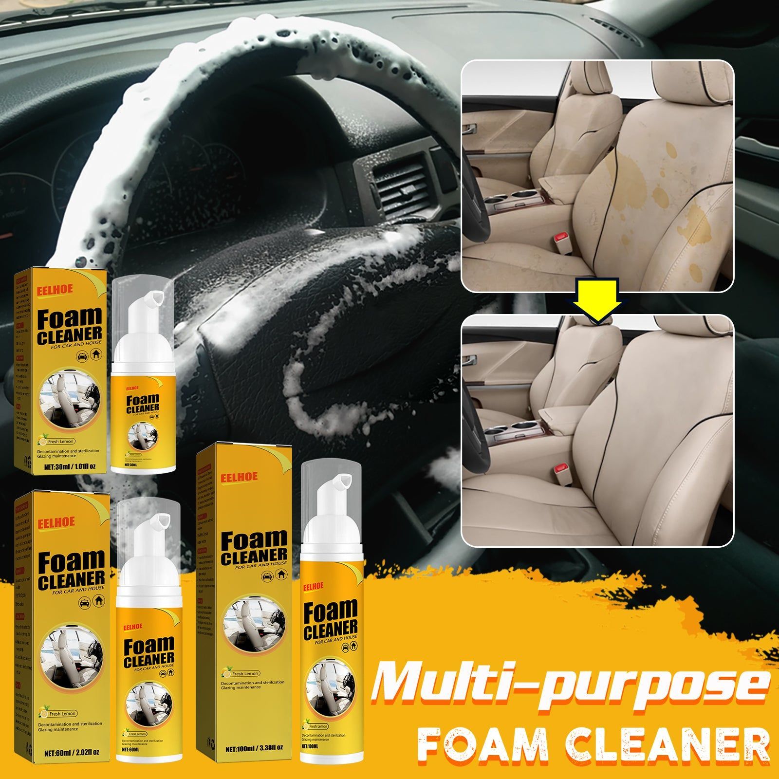 Car Seat Cleaning Foam, Multi-Functional Interior Cleaner for Leather & Dashboard ,30ml