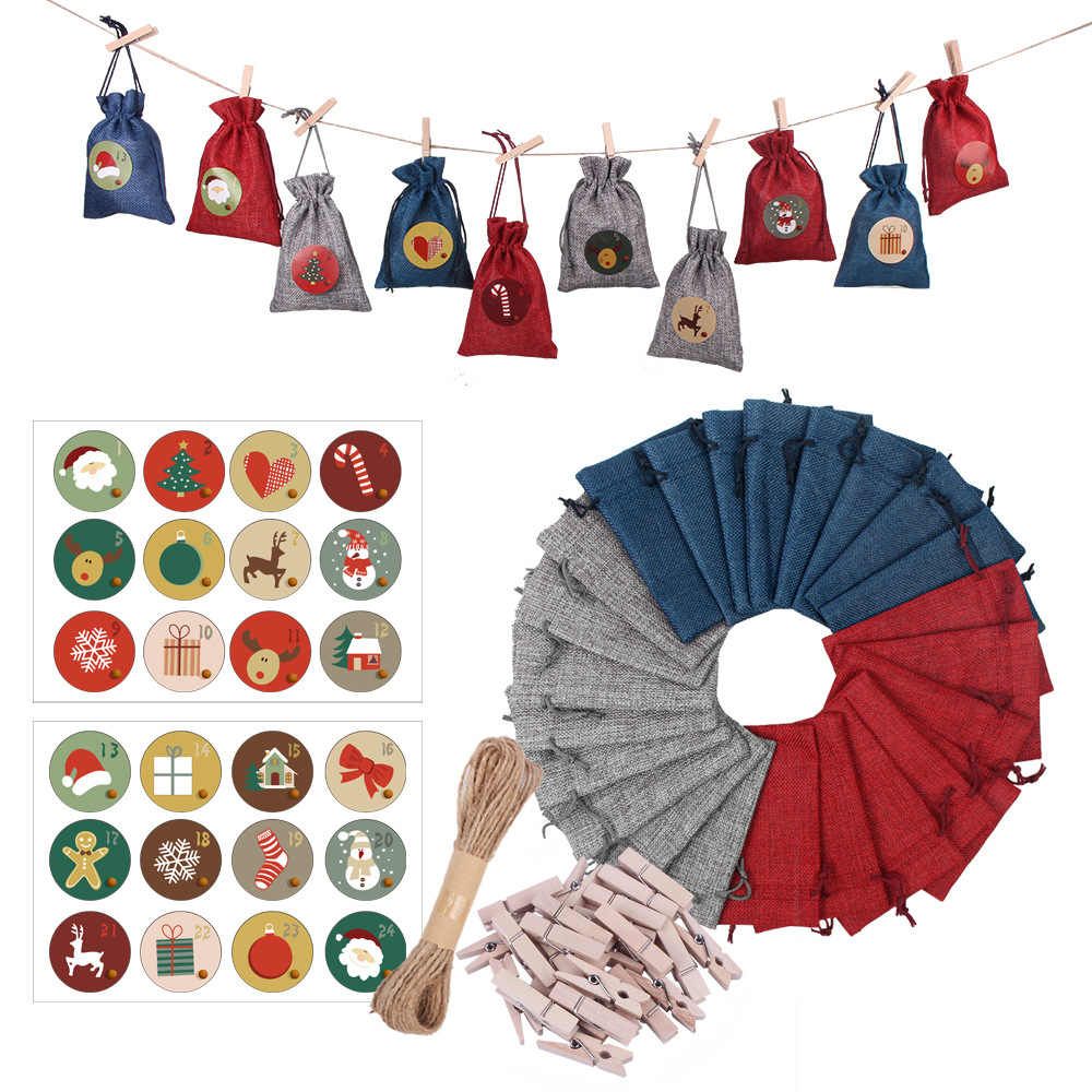 24 Days Advent Calendars Bags Christmas Drawstring Burlap Gift Bag DIY Xmas Decorations