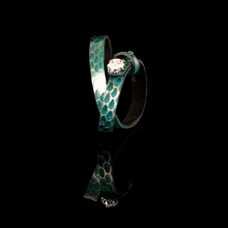 The Dark Turquoise Python Leather Bracelet with Crystal Panther Charm
