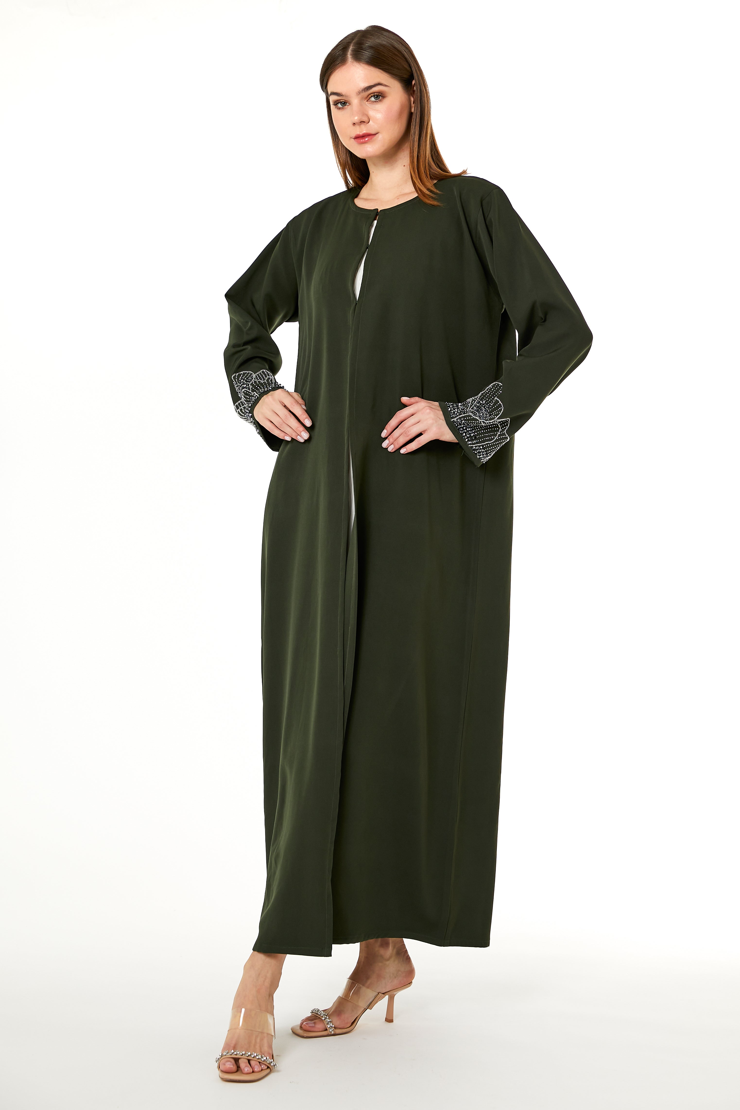 MOiSTREET Dark Green Korean Nida Hand Embellished Abaya