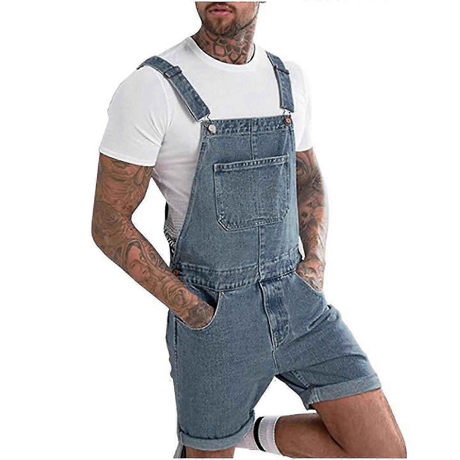 Men Casual Fashion Solid Breast Pocket Denim Ripped Shorts Straight Type Overalls zxin