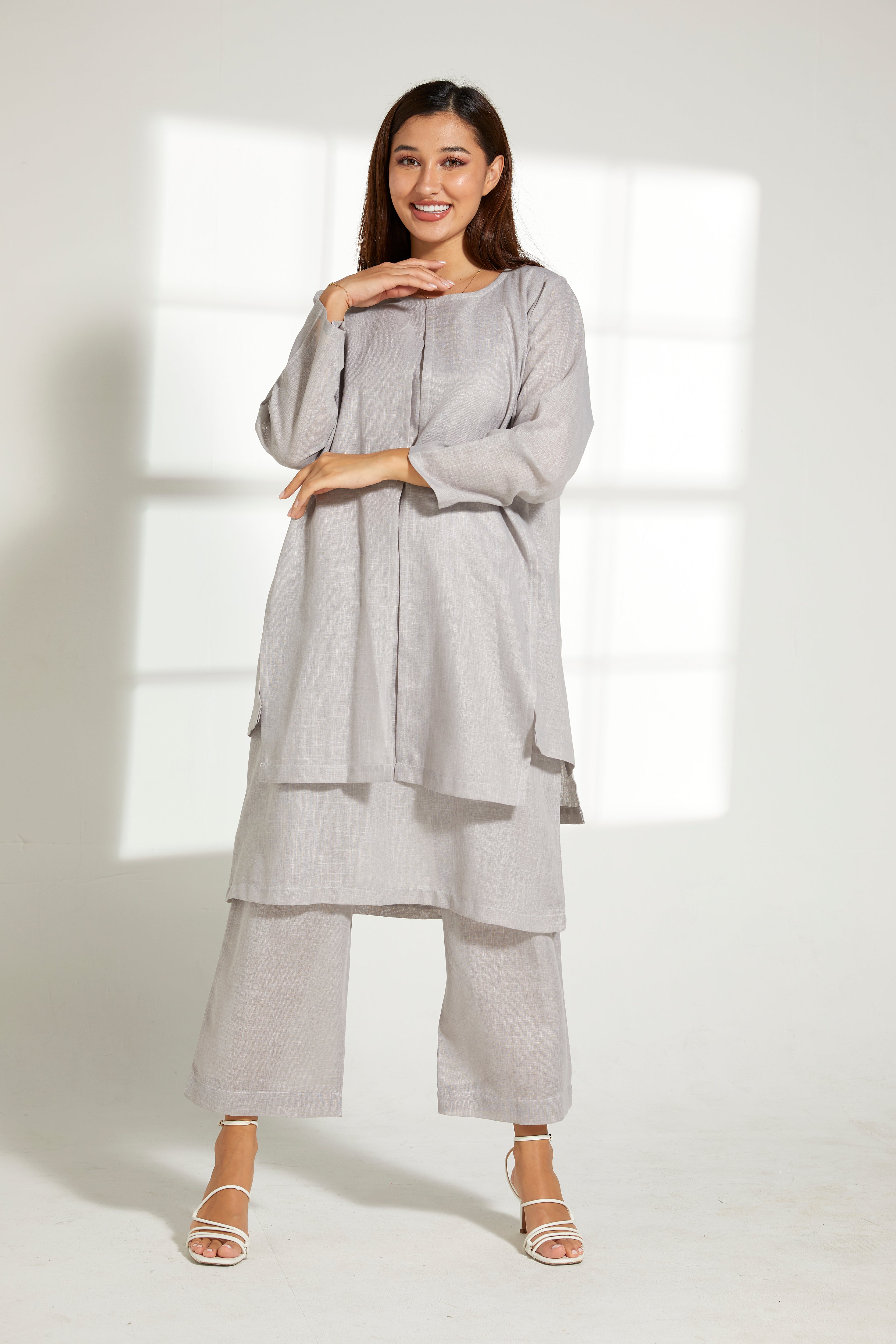 MOiSTREET Grey Linen Fabric Top and Pants Set