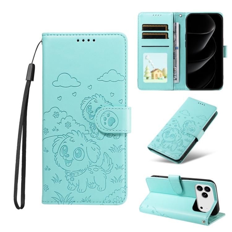 For iPhone 18 Pro Max / iPhone 17 Pro Max Embossed Heart Dog RFID Blocking Wallet Leather Phone Case