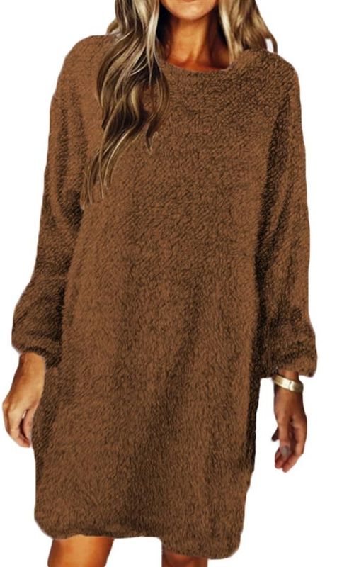 Winter Loose Sweater Dress Long Sleeve Round Neck Plush Dresses Women Fleece Dress