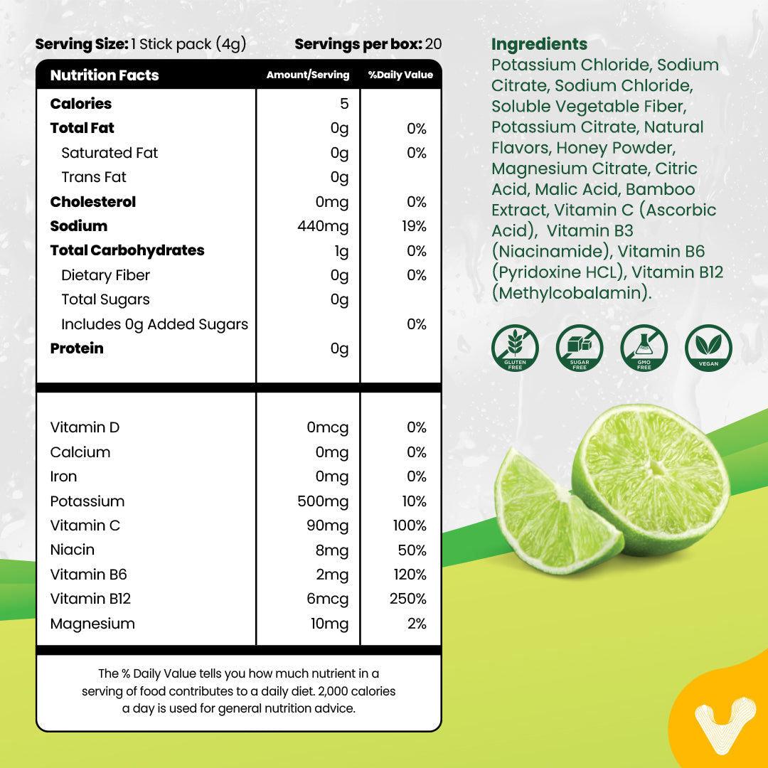 Valeo Hydration Electrolyte+ Lemon and Lime Stick Pack 20