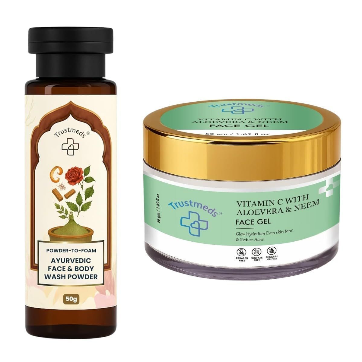 Trustmeds Ayurvedic Face Wash Powder & Vitamin C Face Gel Combo
