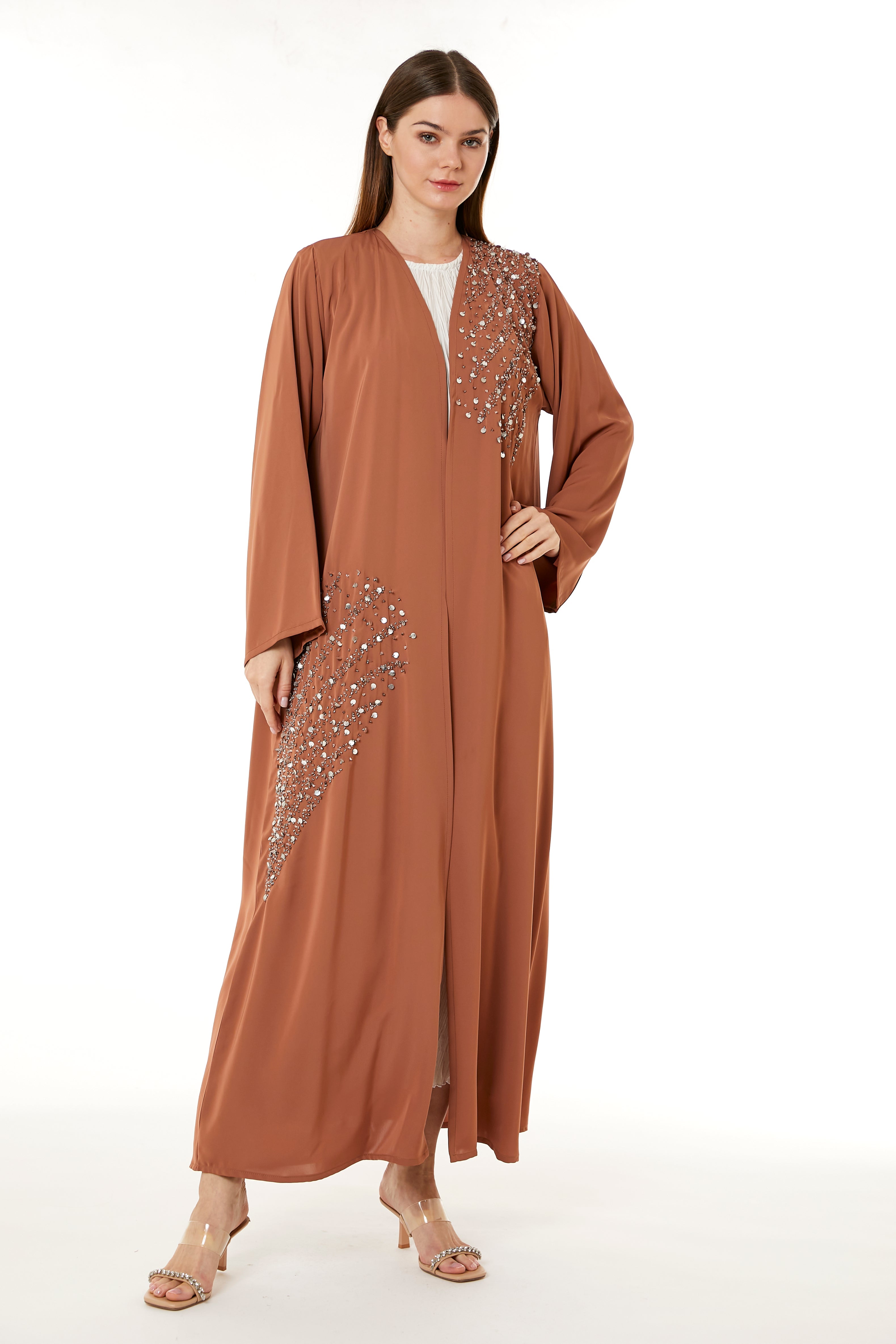 MOiSTREET Orange Korean Nida Hand Embellished Abaya